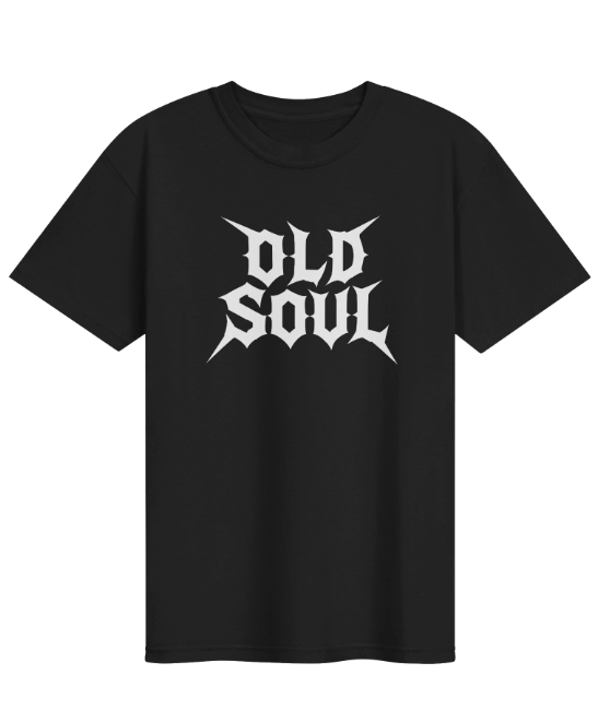 Black T-shirt with white graphic text that says "OLD SOUL" in a bold, stylized font.