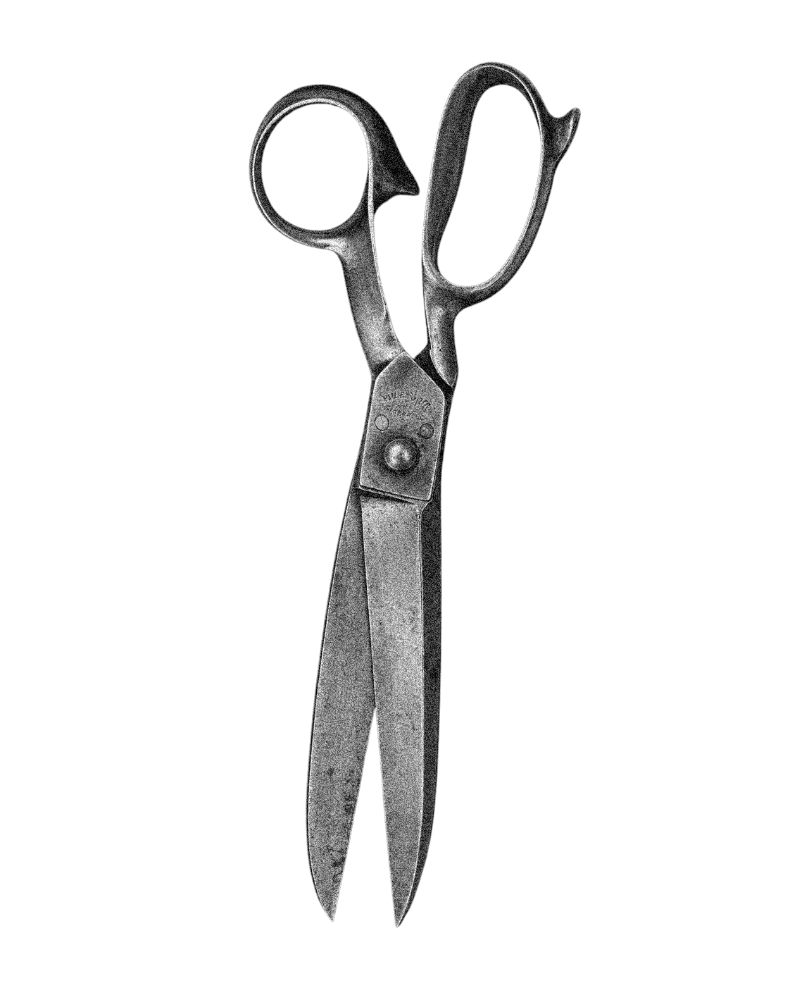 Black and white image of a pair of scissors with blades open, set against a black background.