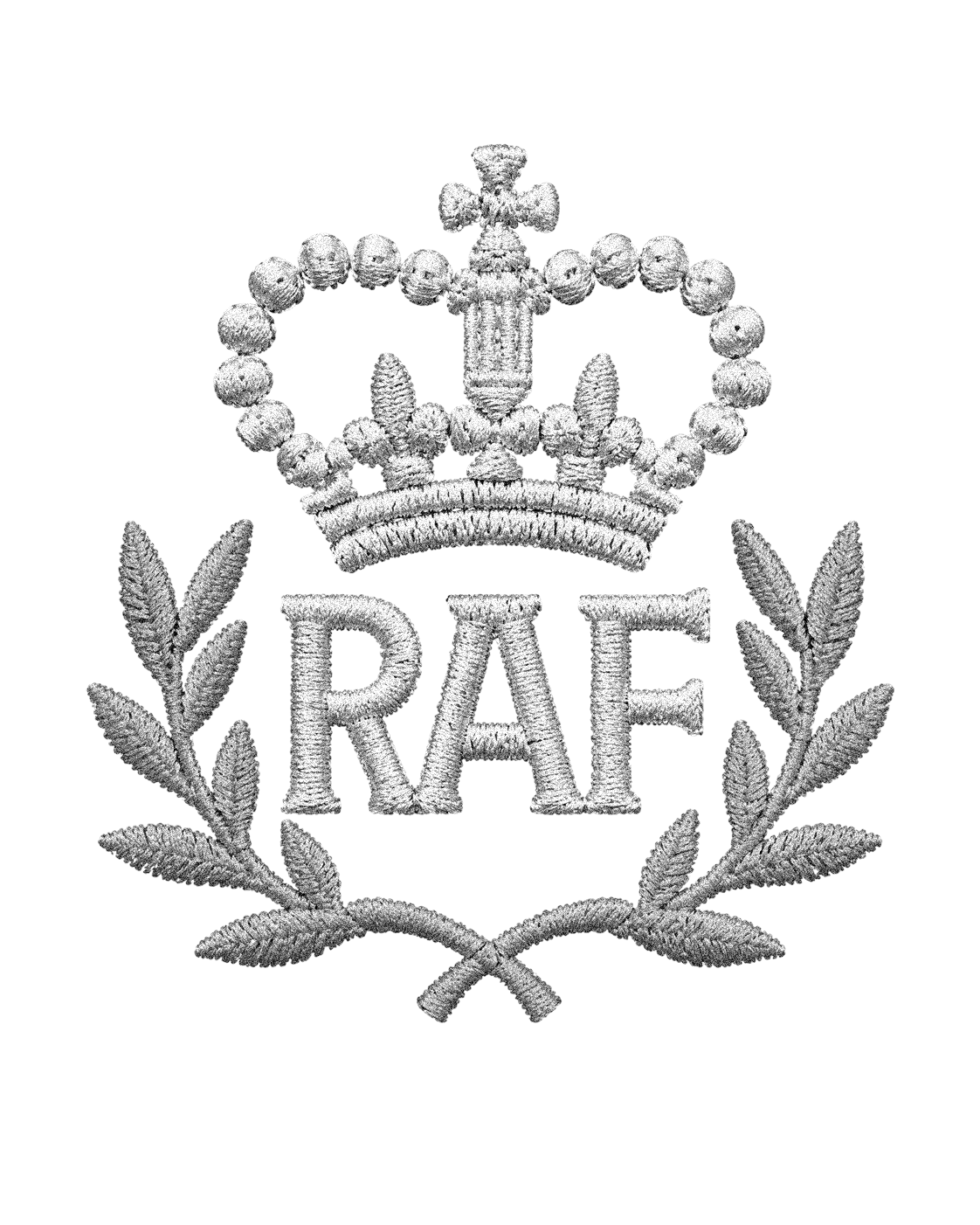 A silver embroidered crest with a crown on top, displaying the word 'RAF' surrounded by laurel branches.
