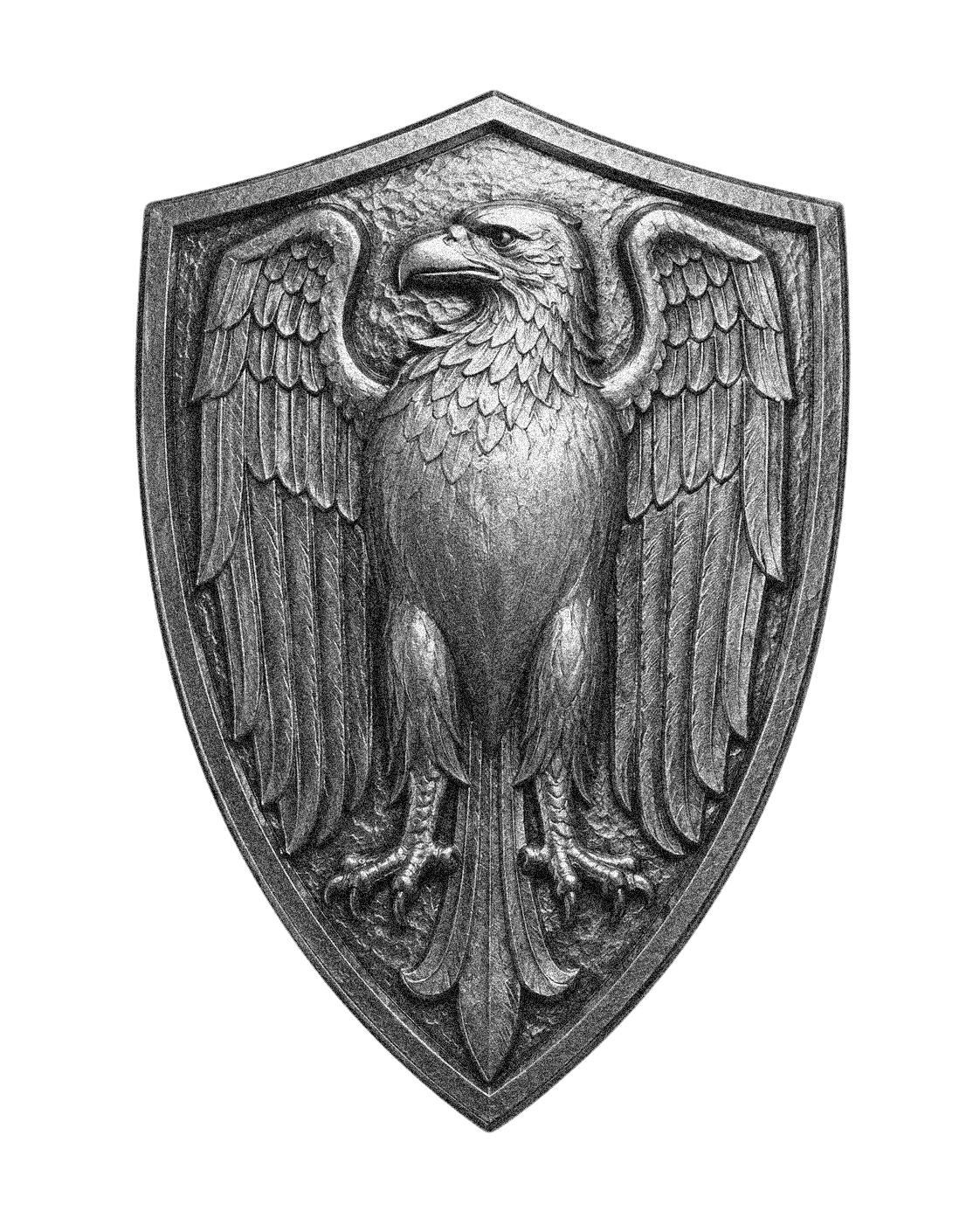 A metallic shield featuring a detailed embossed eagle with outstretched wings in the center.