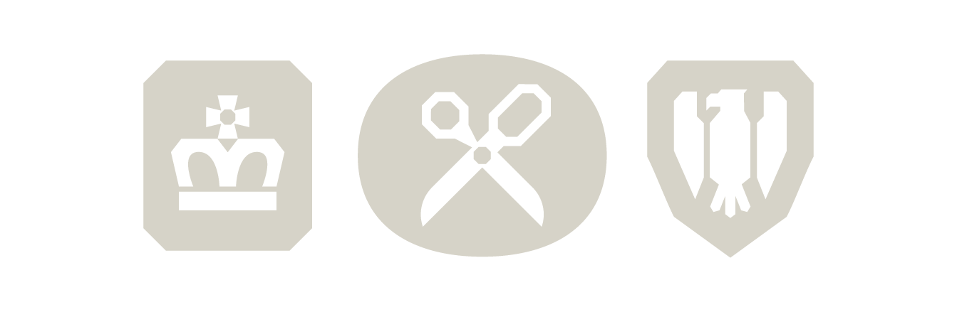 Three icons: a crown, scissors, and a fork and knife inside shields.