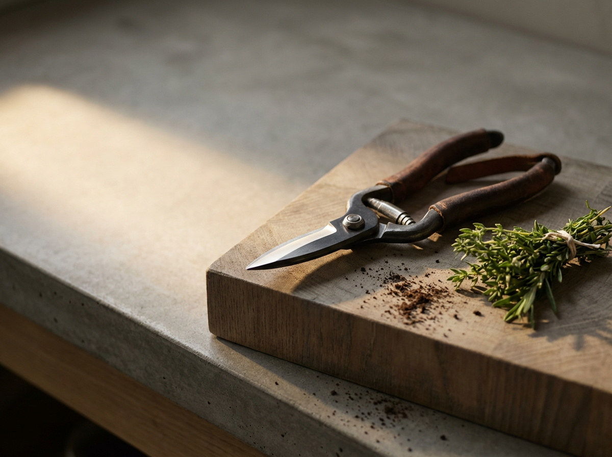 A pair of vintage gardening shears lies on a wooden cutting board, with a bunch of fresh herbs and scattered soil nearby, in a sunlit kitchen or workspace.