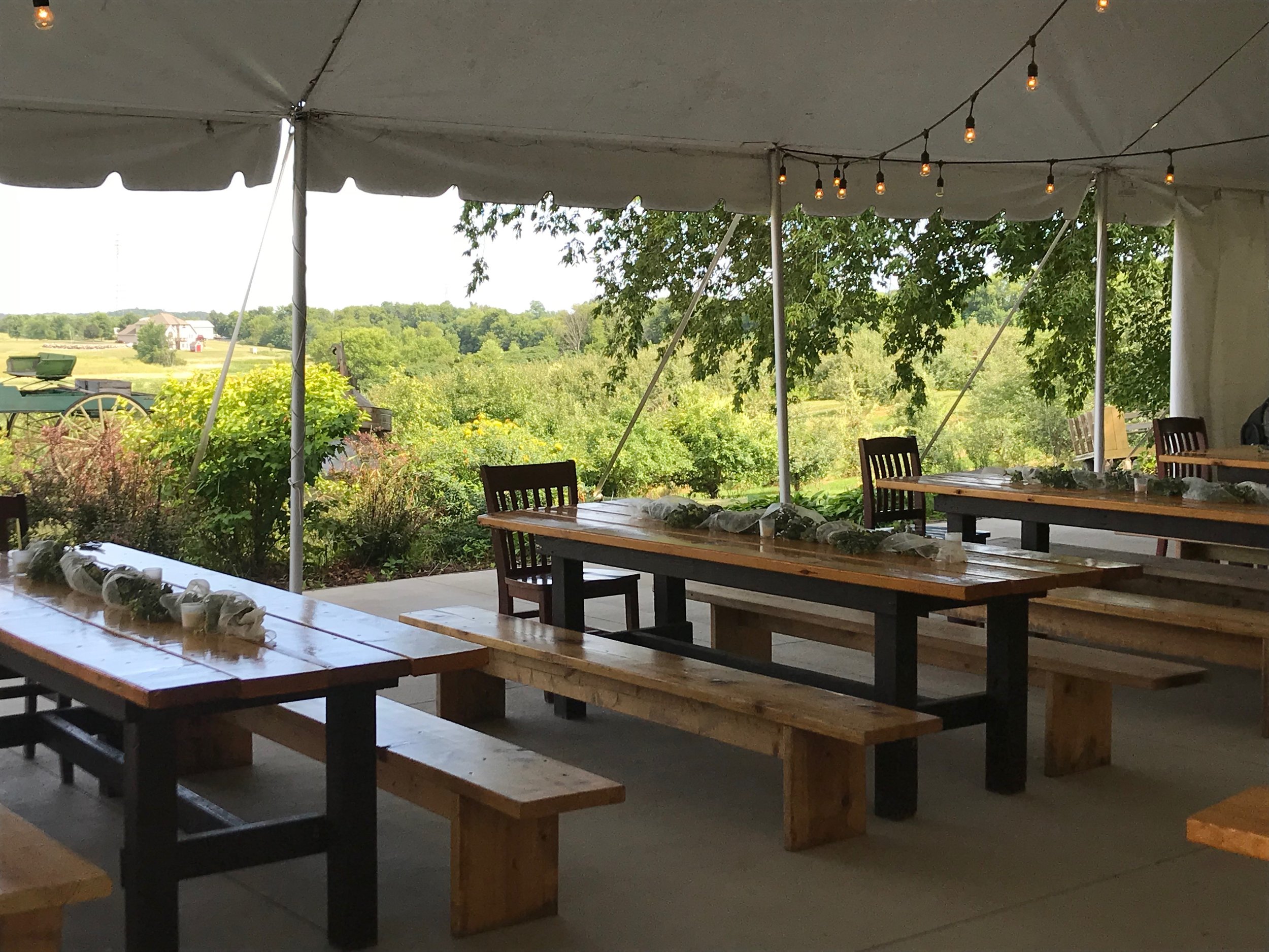 An outdoor seating area under a white canopy with string lights, with wooden picnic tables and benches, overlooking a green landscape with trees and a building in the distance.