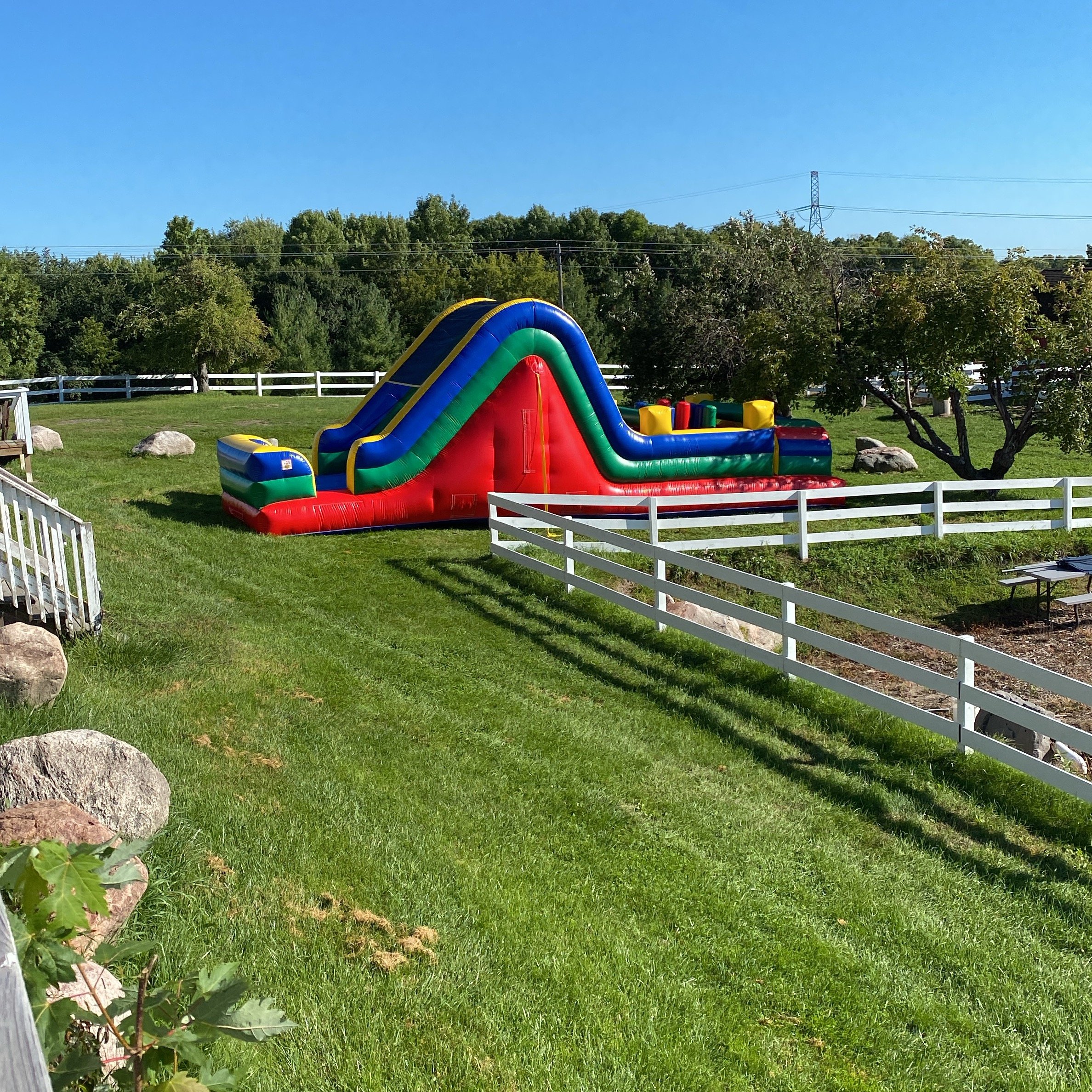 Colorful inflatable slide on a grassy lawn with trees, rocks, under a clear blue sky.