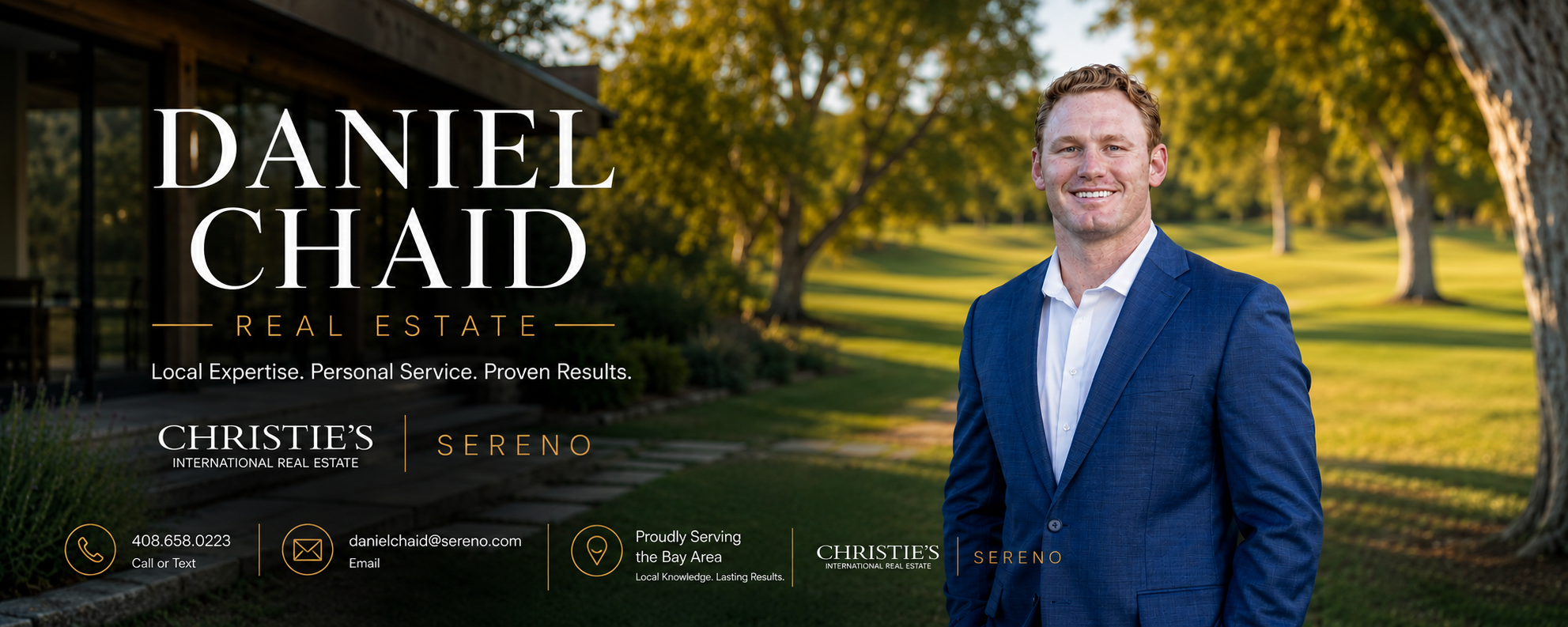 Business flyer featuring a smiling man in a blue suit standing outdoors in a park with trees. The flyer promotes Daniel Chaid's real estate services and includes contact information, email, and local area service details.