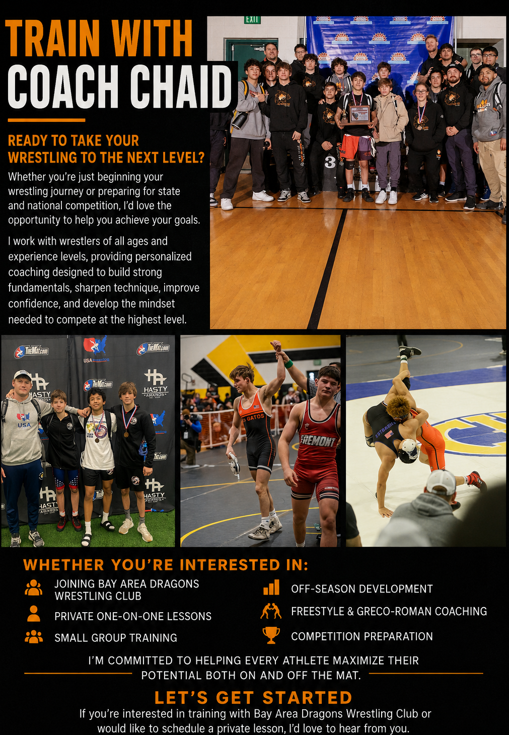 Poster advertising train with Coach Chaid for youth wrestling, featuring a large group photo of young wrestlers and coaches, and images of youth wrestlers in action.