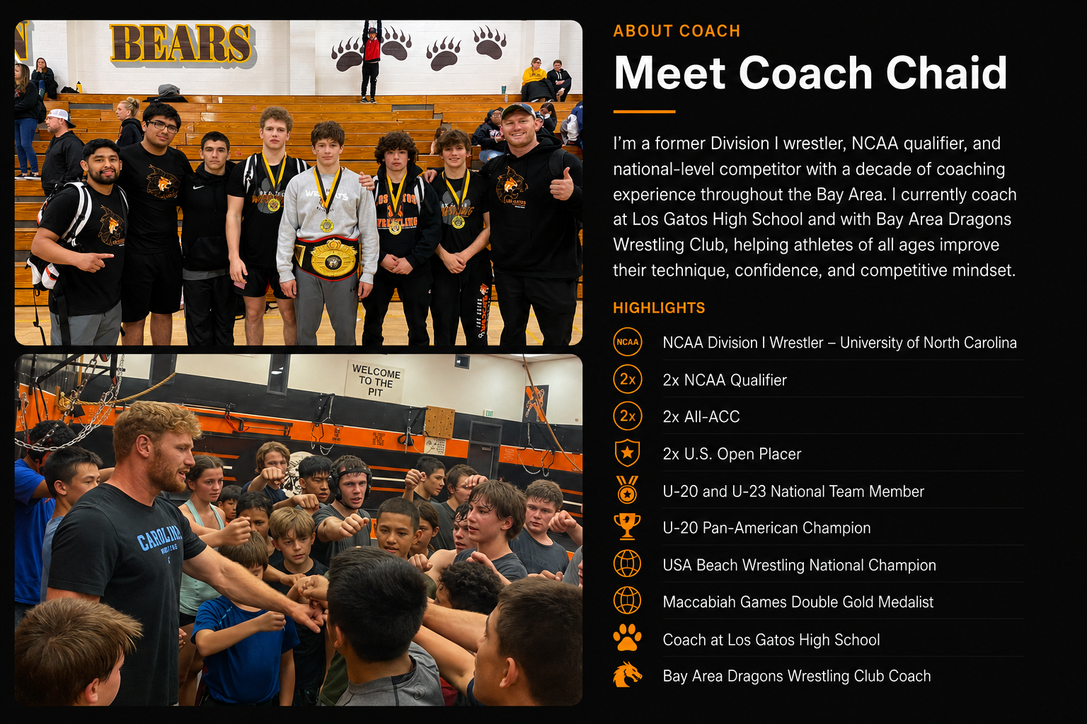 Photograph of Coach Chaid with young wrestlers at a high school gymnasium, with a group quote about his wrestling background and achievements, and a list of his highlights including NCAA Division I Wrestler, NCAA Qualifier, and multiple championships.