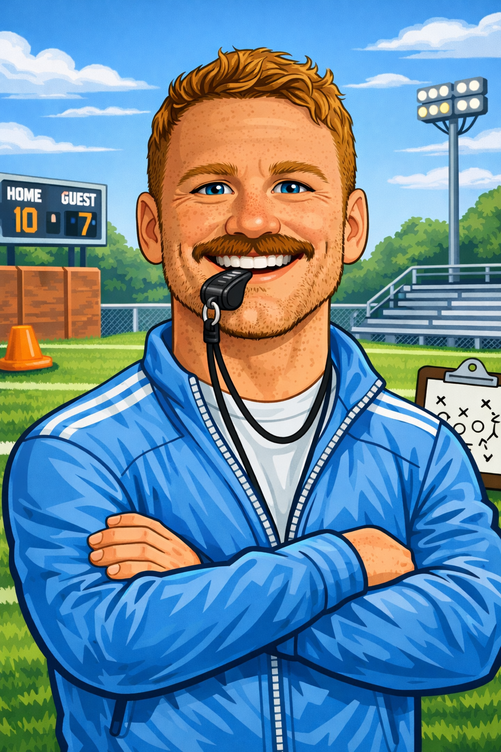 Cartoon illustration of a smiling male sports coach with a whistle in his mouth, wearing a blue jacket, standing on a football field with a scoreboard showing home team 10, guest team 7, and stadium lights in the background.