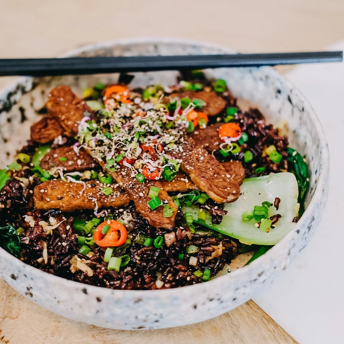 Stir-Fried Forbidden Rice with Medicinal Mushrooms and Chinese Vegetables Recipe