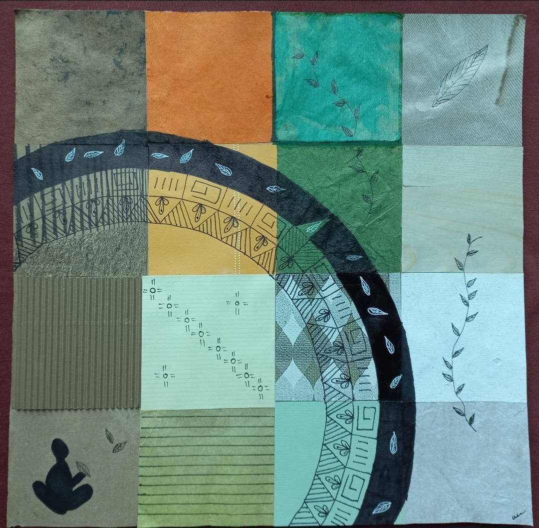 find peace in the chaos - 11" x 11" - reclaimed papers, ephemera, hanji paper, cardboard, ink