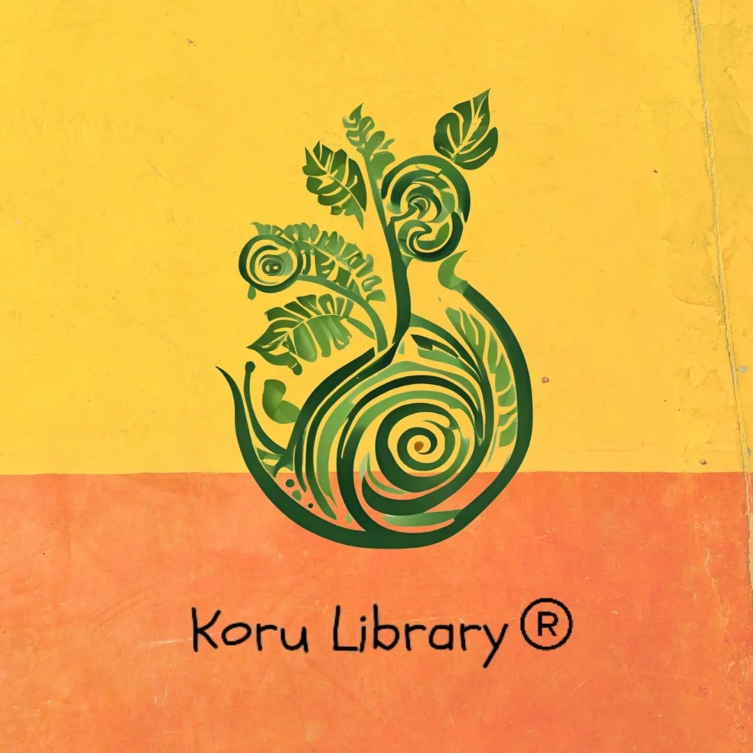 A colorful logo of a koru on a yellow and orange background, with the registered trademark 'Koru Library' underneath.