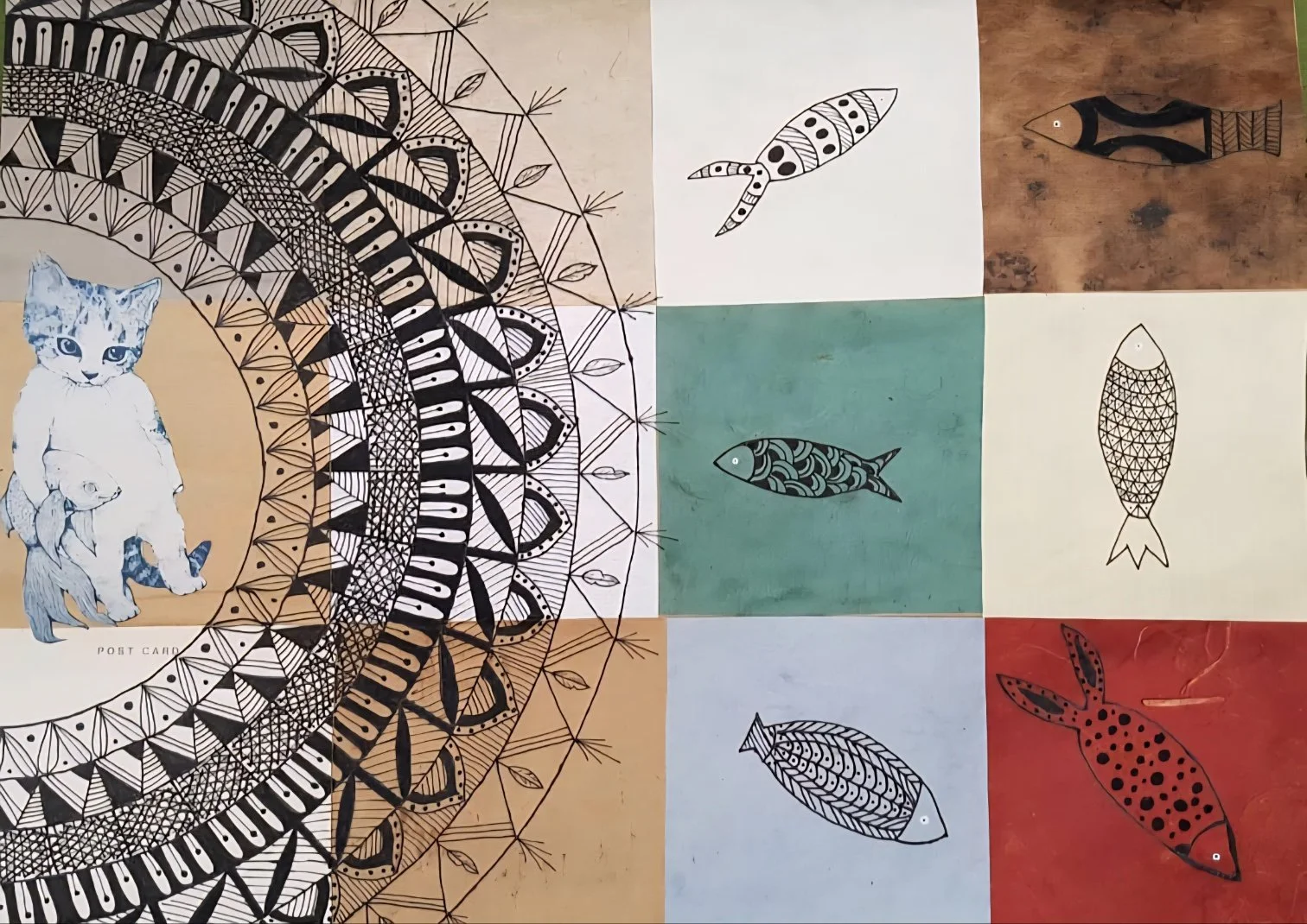A collage of black and white drawings of various animals, including fish, a rabbit, and birds, on different colored backgrounds, with an intricate circular mandala pattern overlaying part of the drawings.