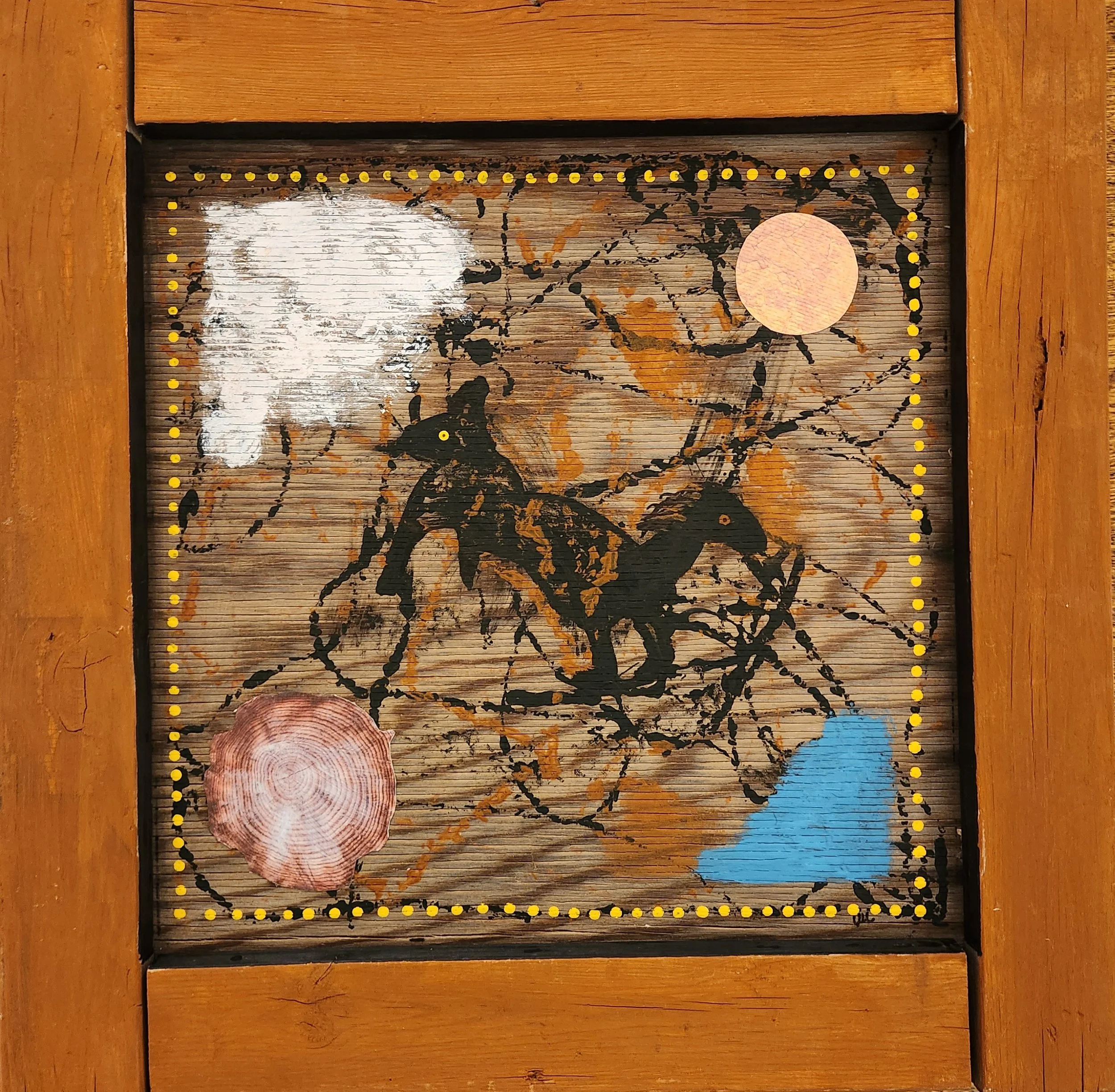crossing 2 - 19" x 19" - reclaimed wooden frame, acrylic paints, ink, ephemera