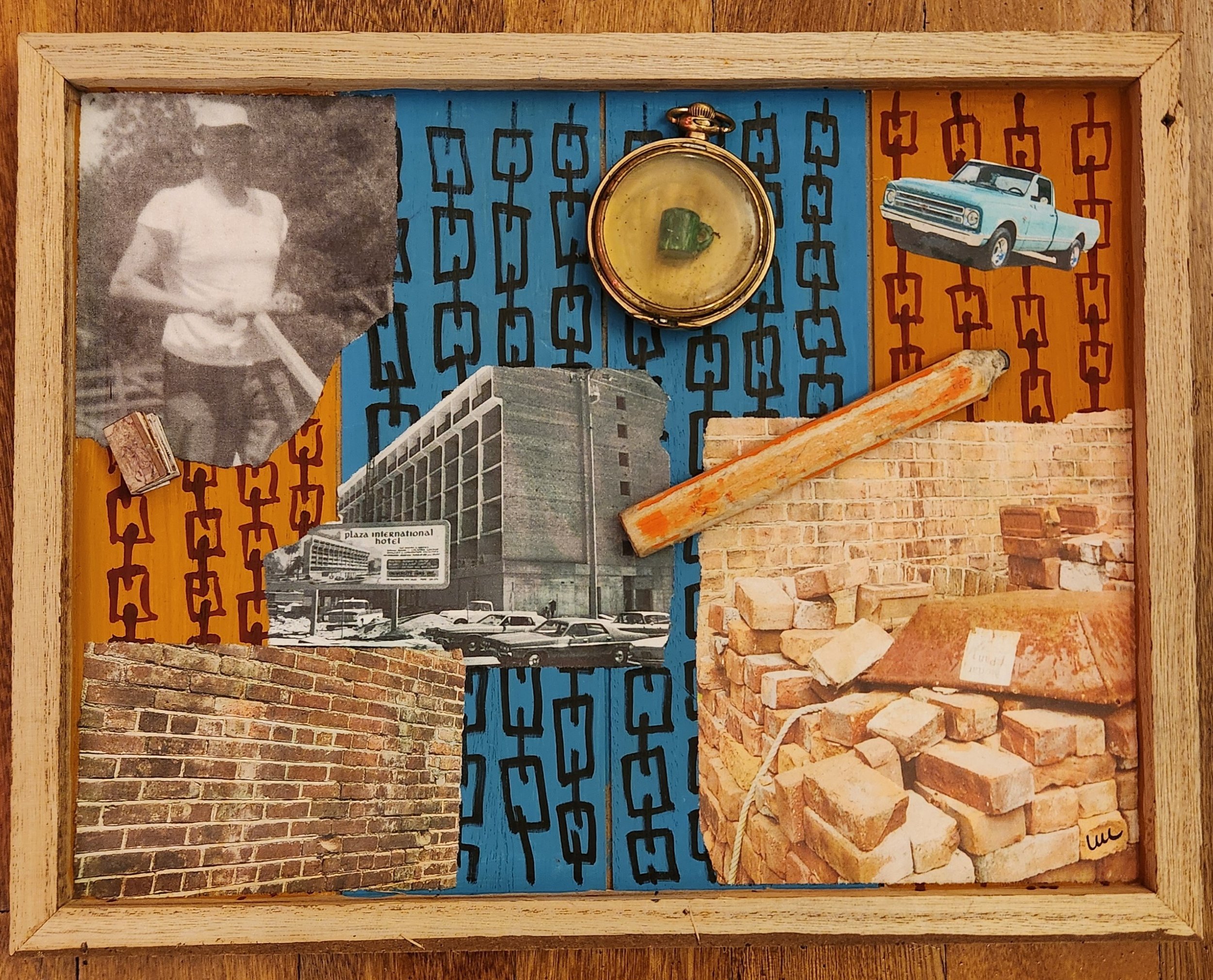 holding it together - 9.5" x 12" - pocket watch, pencil, replicas (book, cup), ephemera, copies of personal photos; reclaimed, wooden frame