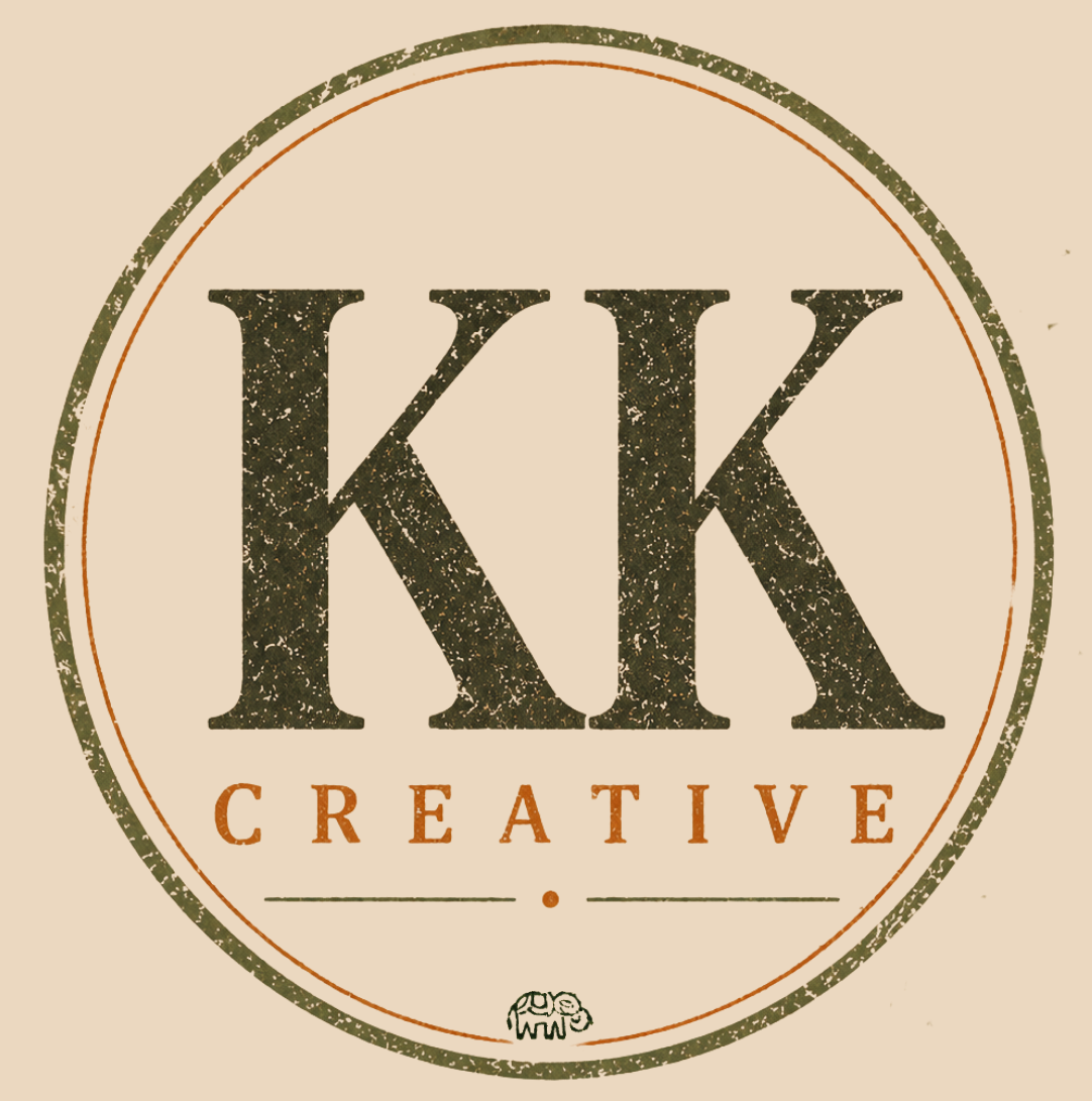 Logo with large initials 'KK' and the word 'CREATIVE' below, enclosed in a circular, vintage-style badge with distressed texture and decorative elements.