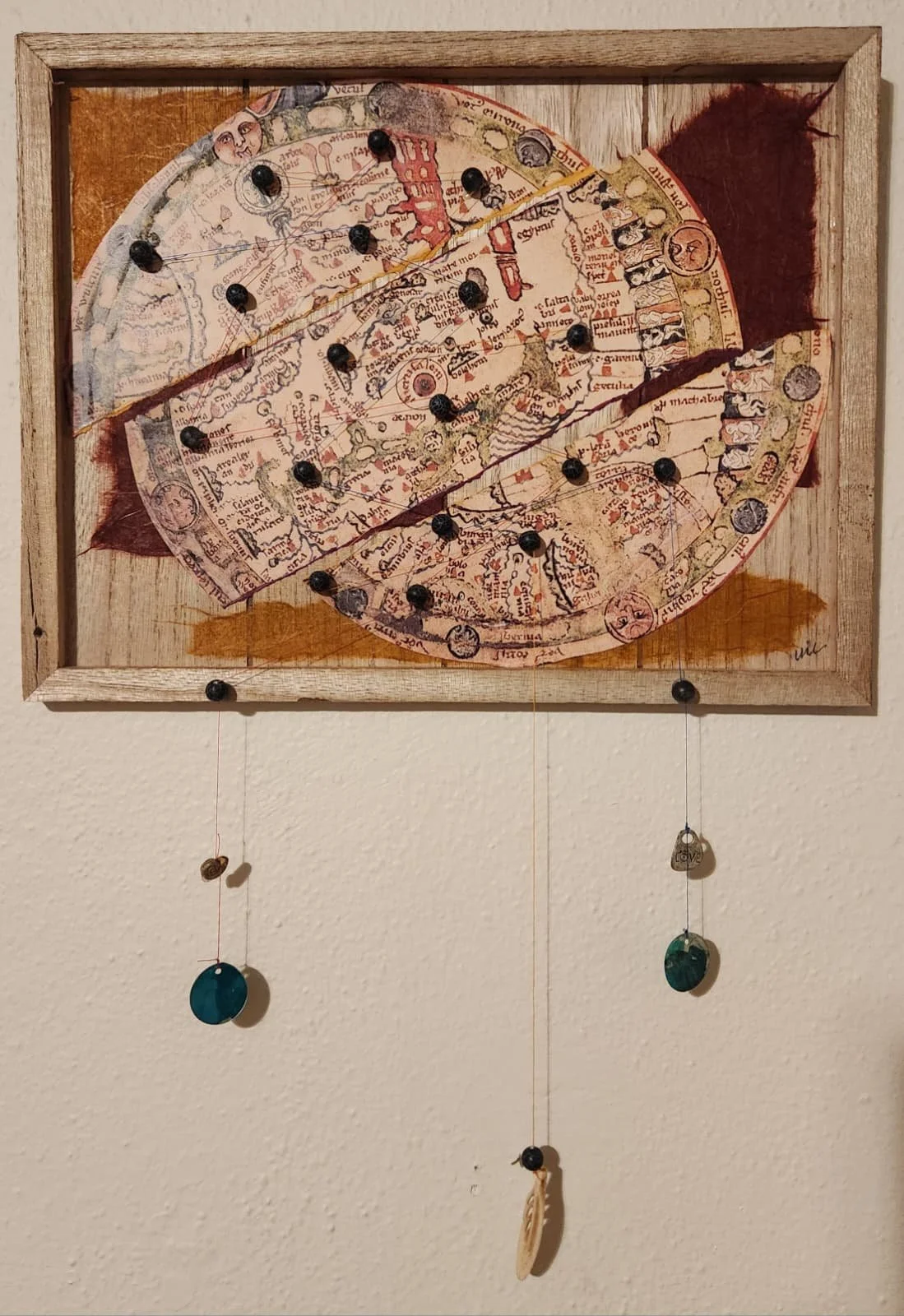 hanging on by a thread - 17.5" x 12" - beads, jewelry, thread, string, ephemera, hanji paper, reclaimed wooden frame