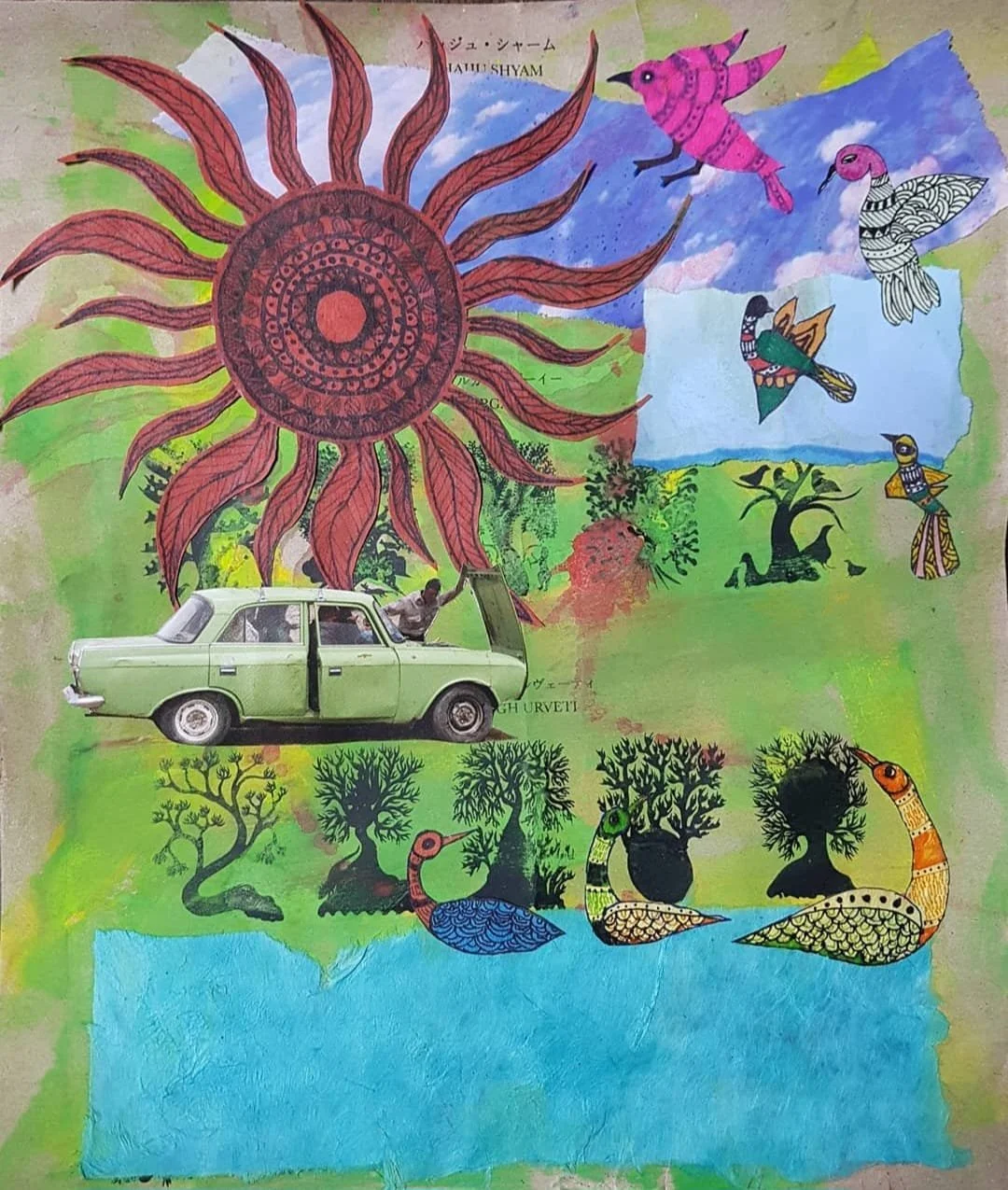 Colorful collage combining a large stylized red sun with intricate patterns, birds, trees, water, a vintage green car with a person inside, and various illustrations of animals and nature scenes.