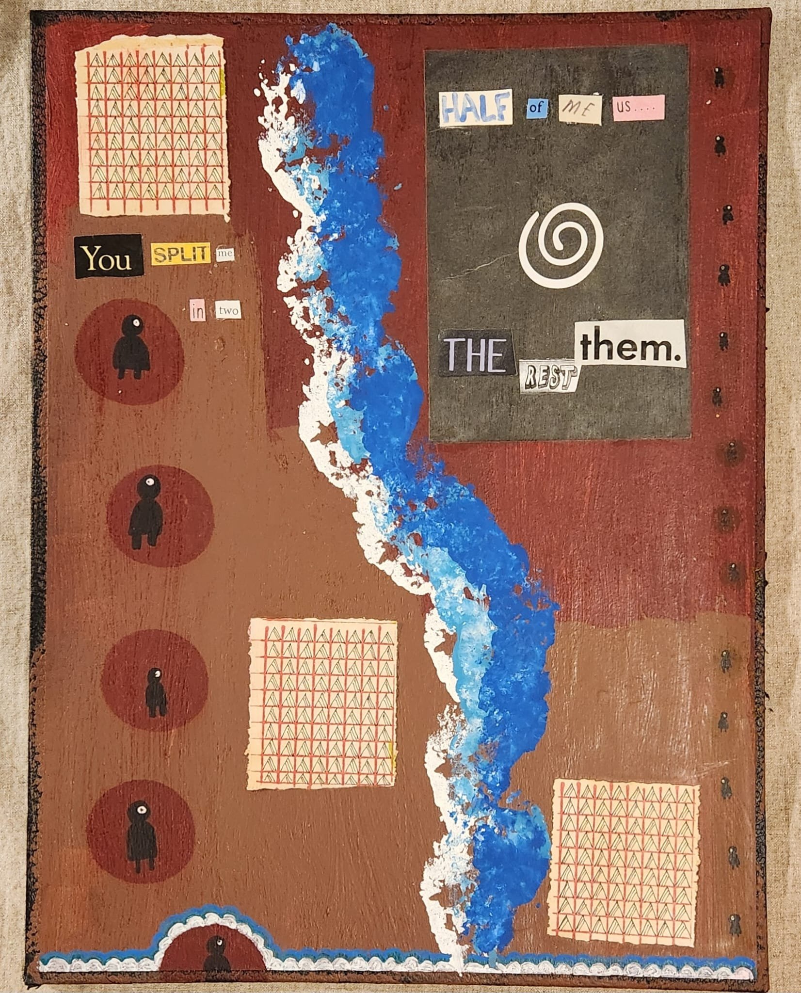 the complaint of el rio grande - 14.5" x 11" - reclaimed 1939 scrap book cover, paint, ephemera, marker