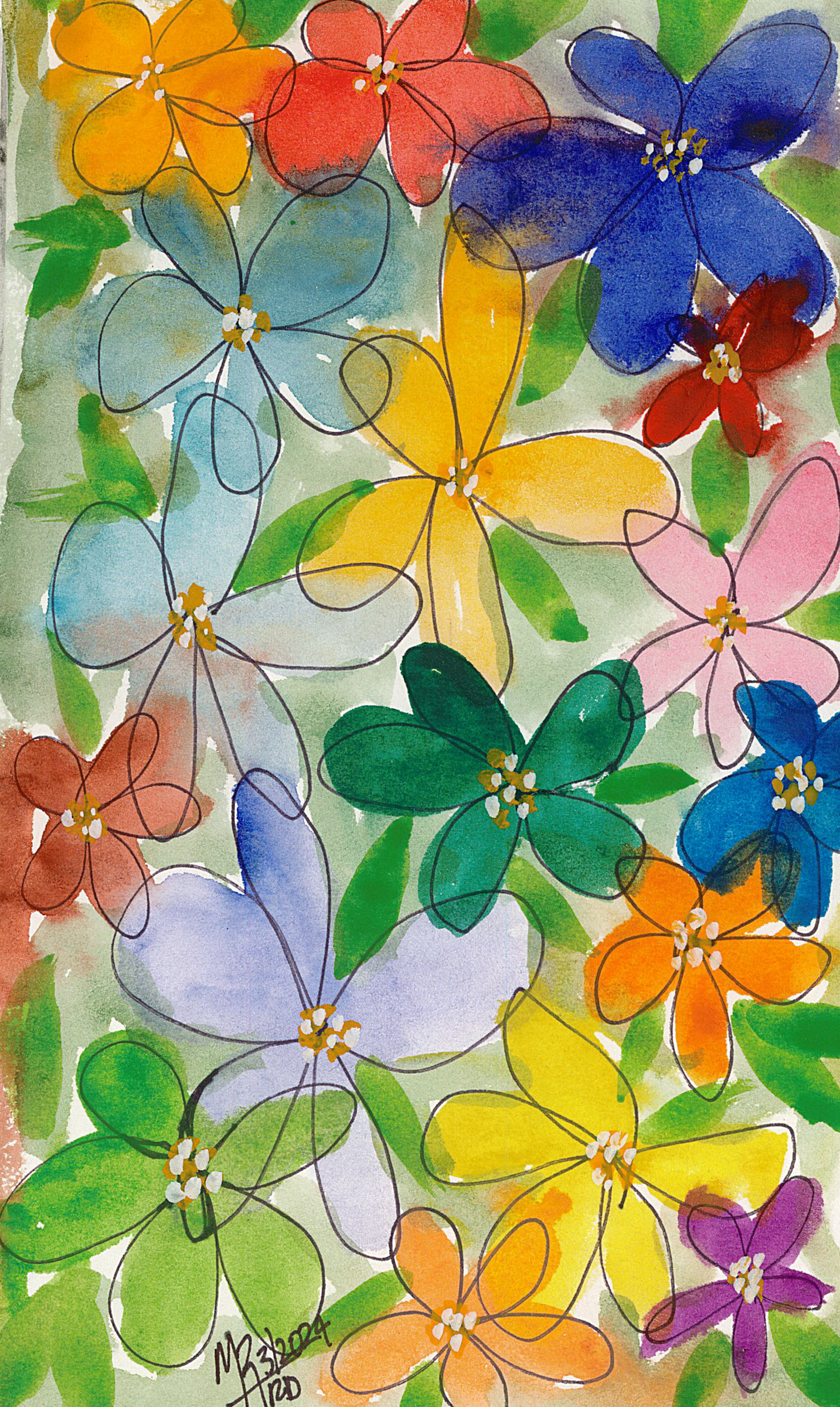 Watercolor painting of colorful flowers in shades of orange, yellow, red, blue, purple, and green, with overlapping outlines and leaves.