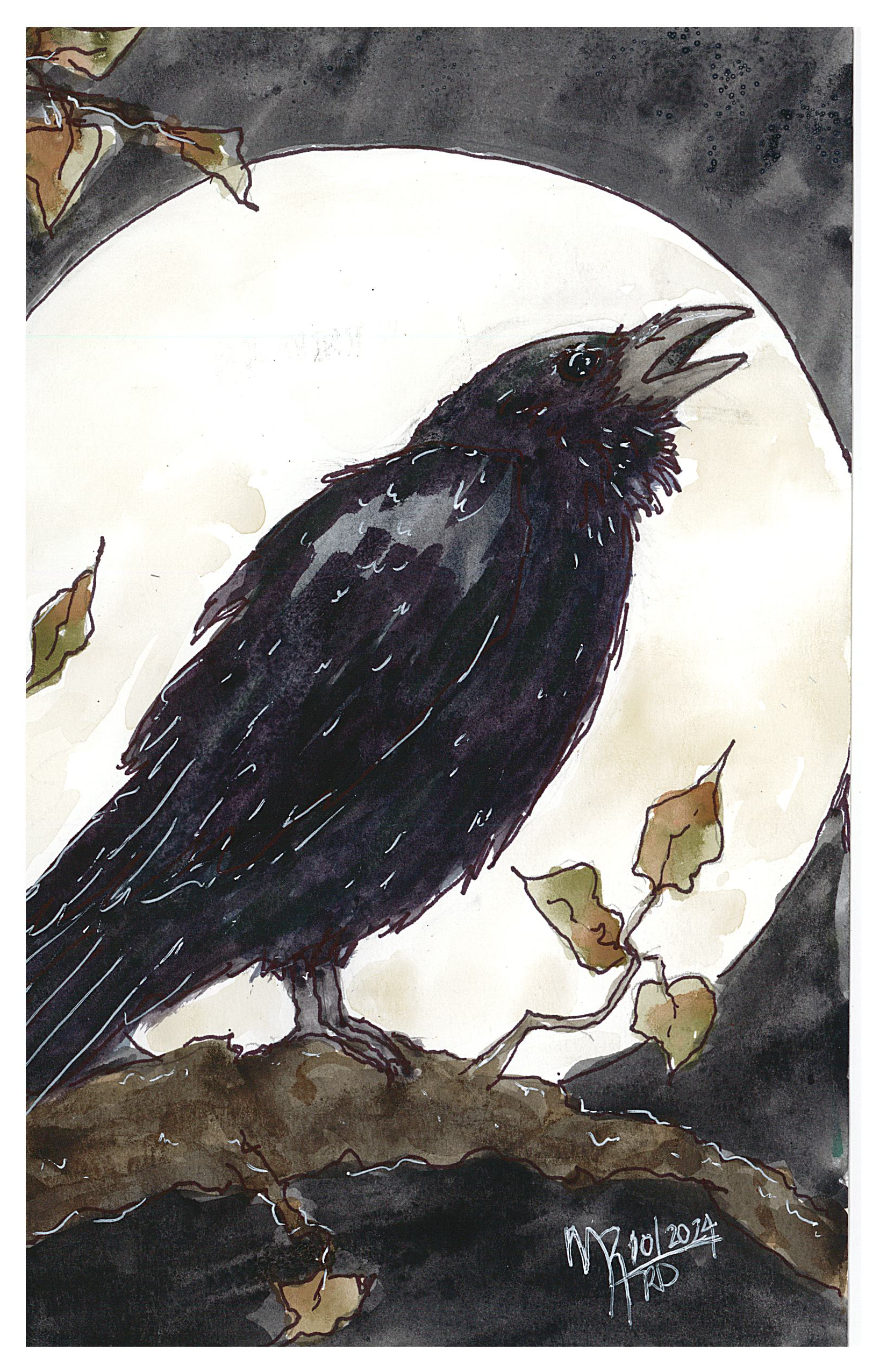 A watercolor painting of a crow perched on a branch with dried leaves, against a dark background with a large, bright, full moon.