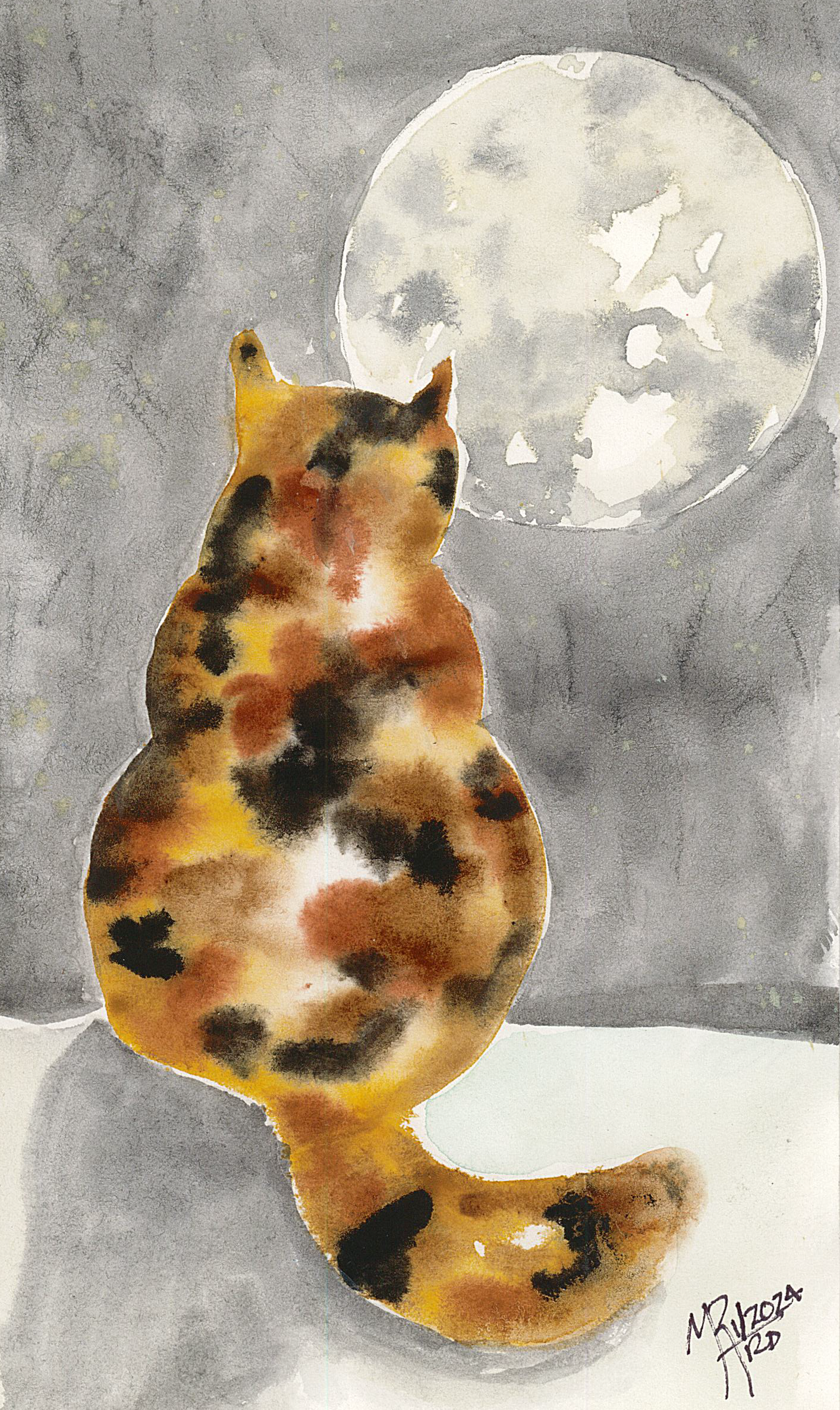 Watercolor painting of a cat sitting and looking at the full moon in the night sky.