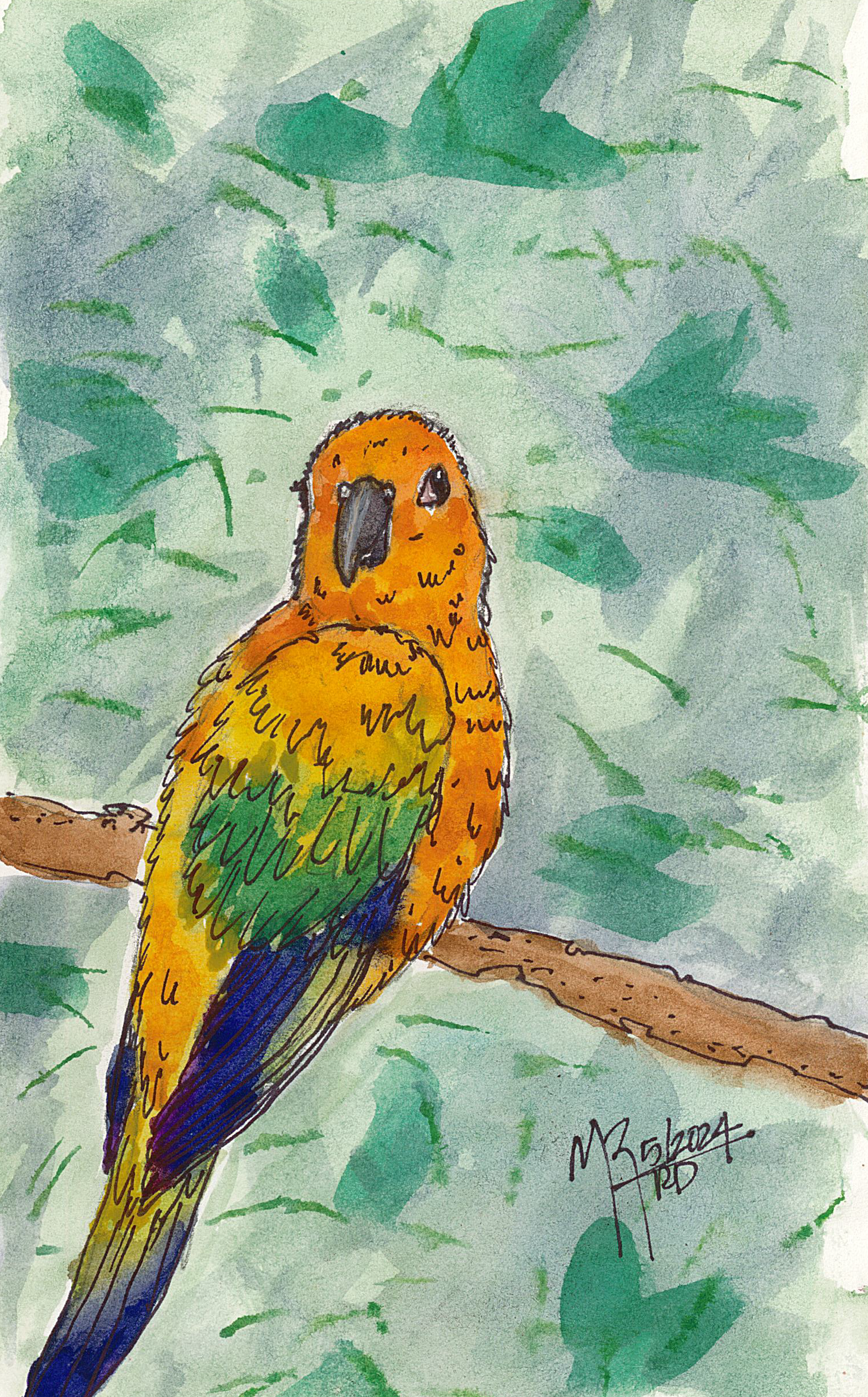 Watercolor painting of a colorful parrot with orange, green, and blue feathers perched on a branch against a leafy green background.