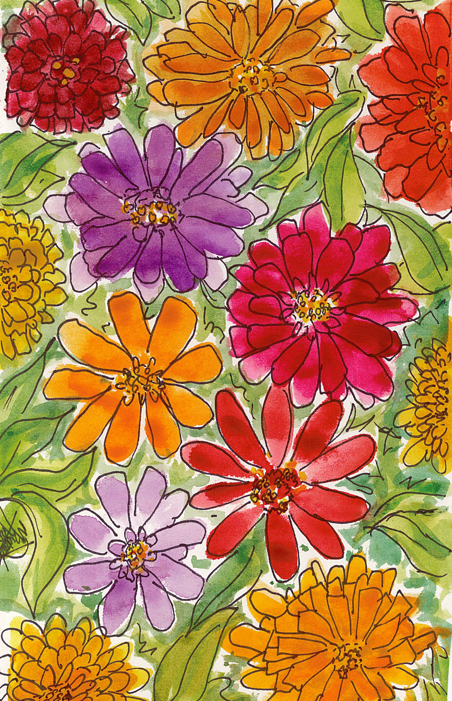 Colorful watercolor illustration of various flowers including red, purple, orange, and yellow blossoms with green leaves scattered throughout.