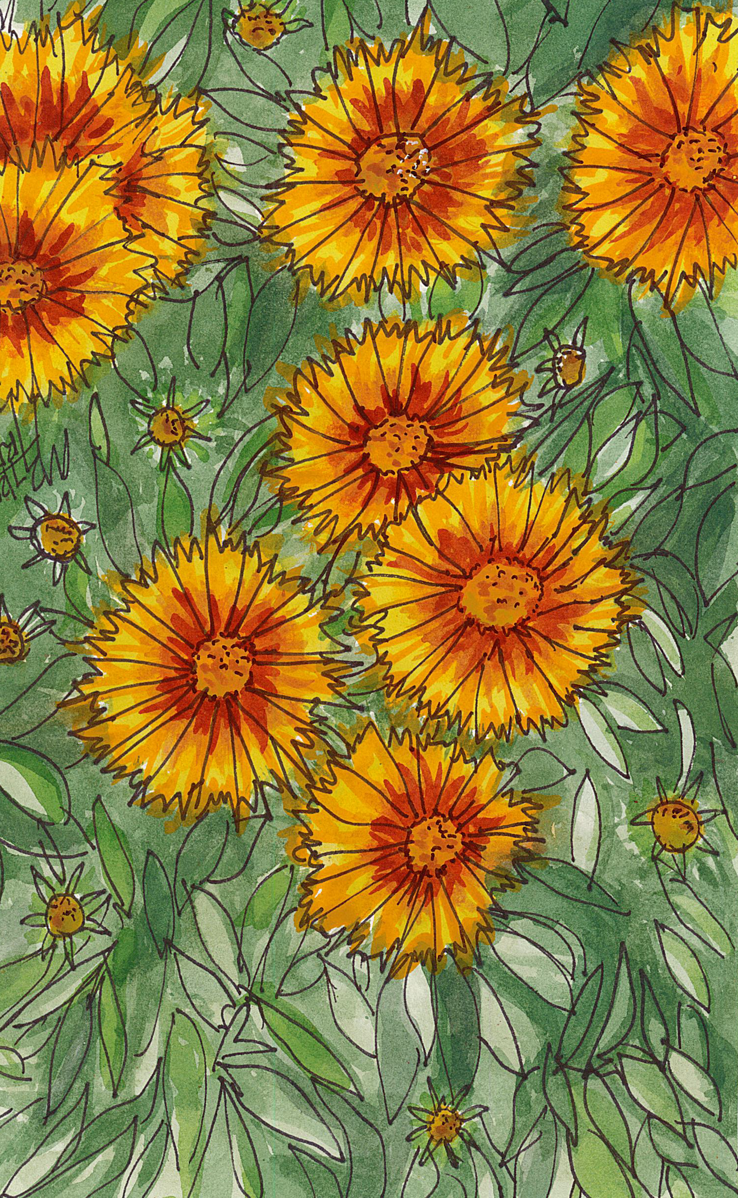 Watercolor painting of bright yellow and orange flowers with green leaves.