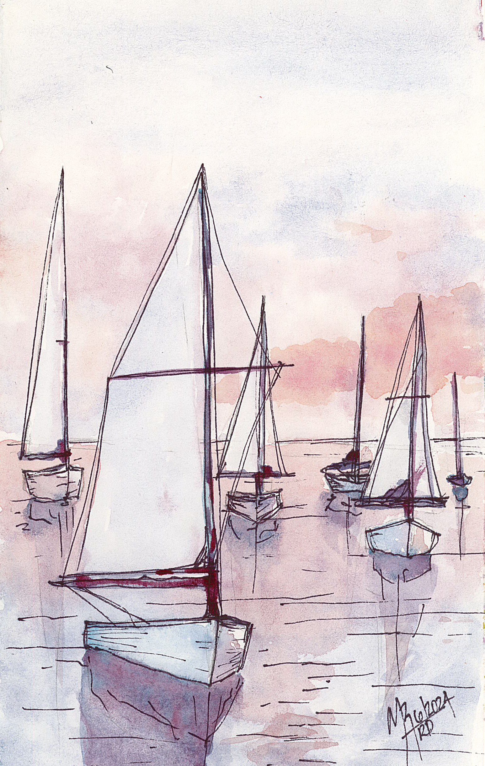Watercolor painting of sailboats with upright masts docked at a harbor at sunset, with soft pink and purple sky.