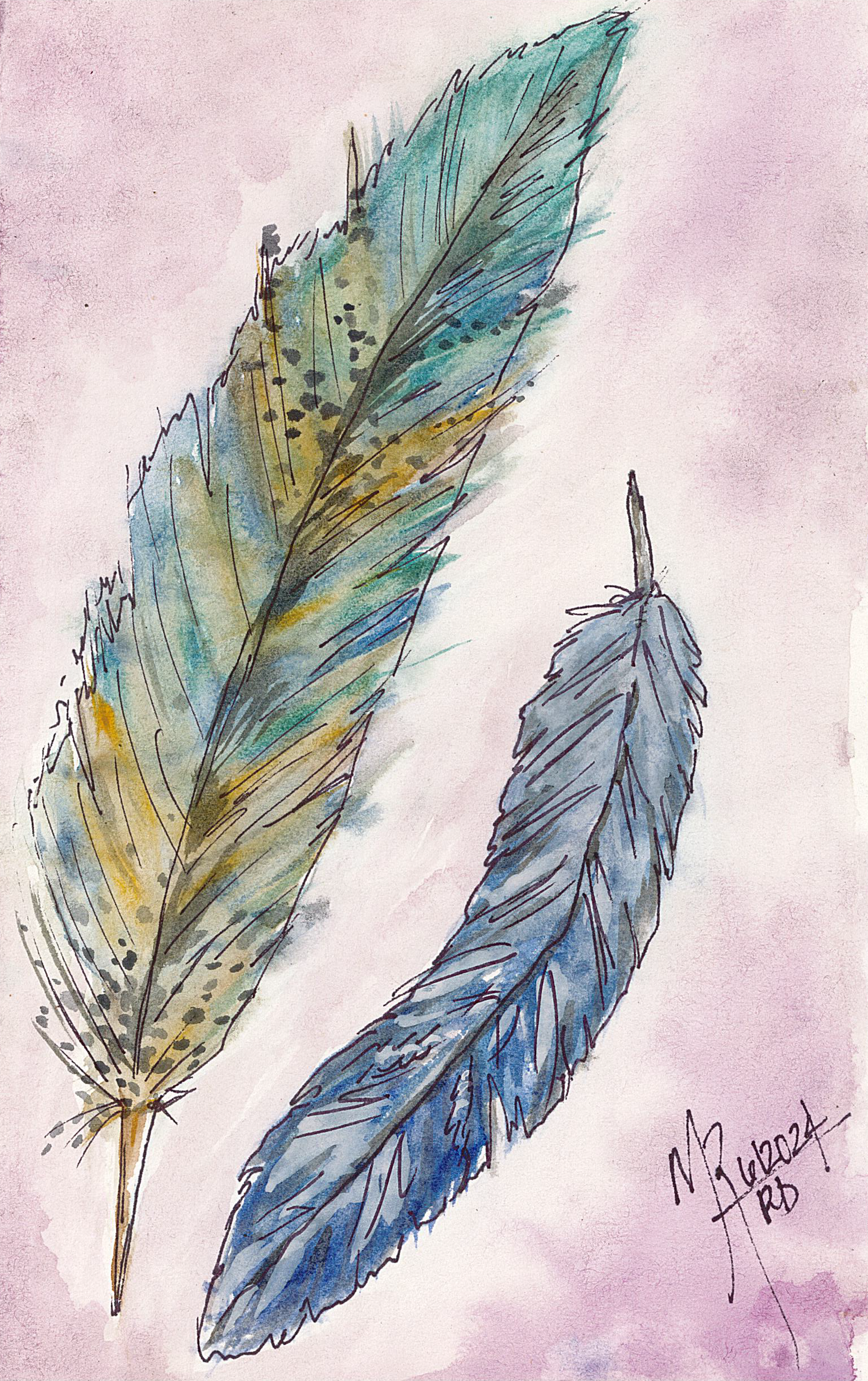 Watercolor painting of two feathers in shades of green, blue, and gray against a pink background.
