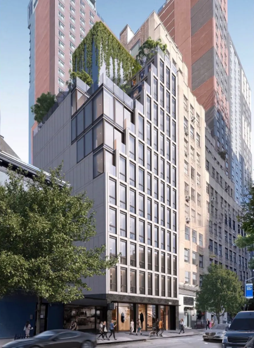 Modern multi-story office building with large glass windows and a rooftop garden, located on a city street with trees, cars, and pedestrians. This is 355 West 39th Street in Manhattan, a building developed by Ten Talents Management.