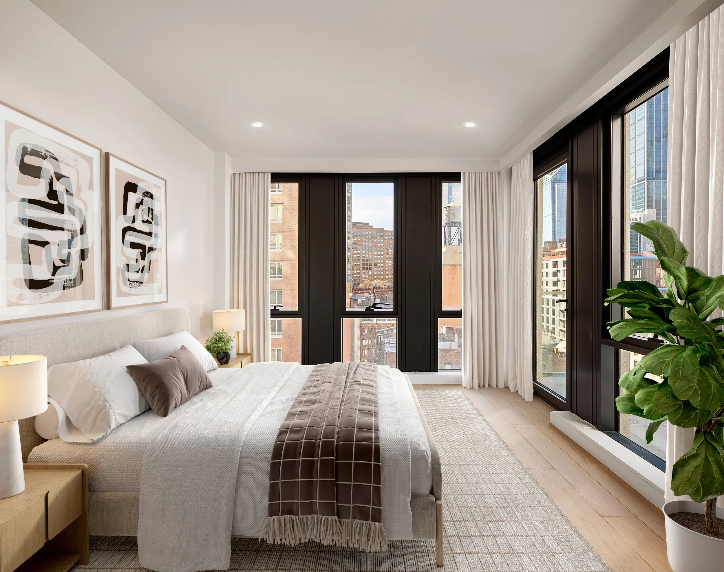 A modern bedroom with a large bed, two side tables, and artwork of abstract faces on the wall. Large windows with city skyline views, white curtains, and a potted plant in the corner. Developed by Ten Talents Management.