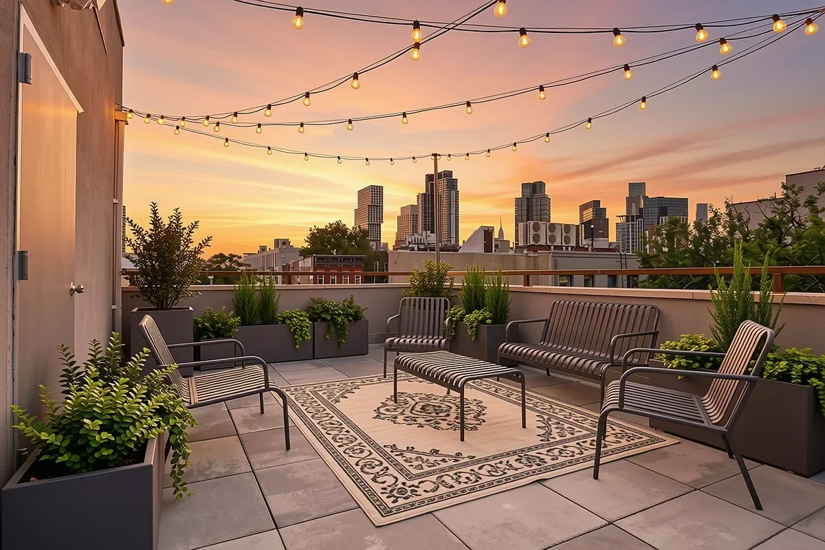 Rooftop patio at sunset with string lights, city skyline, outdoor chairs, a bench, potted plants, and a decorative outdoor rug. This is the balcony at 175 Huron, a building developed by Ten Talents Management.