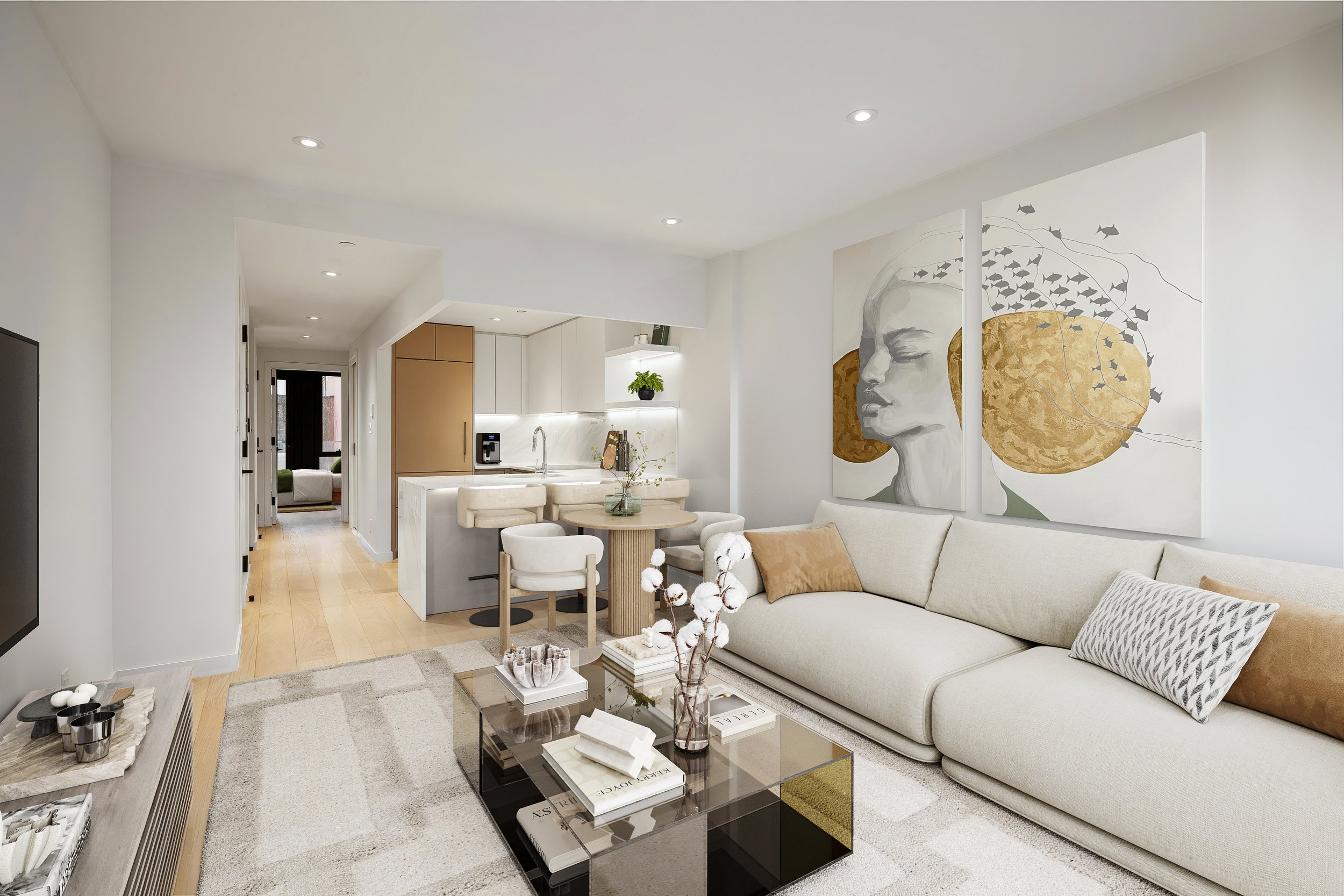 Modern living room with beige sofa, glass coffee table, and large artwork of a woman's face with golden circles and black fish on white wall. Developed by Ten Talents Management.
