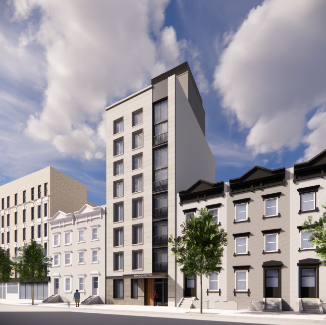Modern high-rise building under partly cloudy sky, flanked by historic-style townhouses with trees and pedestrians in front. This is a rendering for a new Manhattan condo.