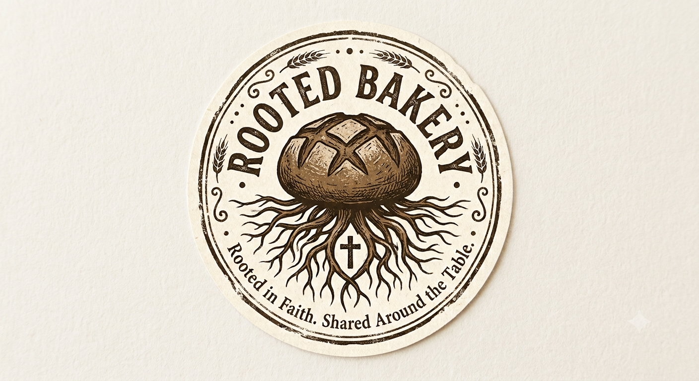 A round sticker with a loaf of bread with roots growing out of it, surrounded by the text 'Rooted Bakery' and the slogan 'Rooted in Faith. Shared Around the Table.'