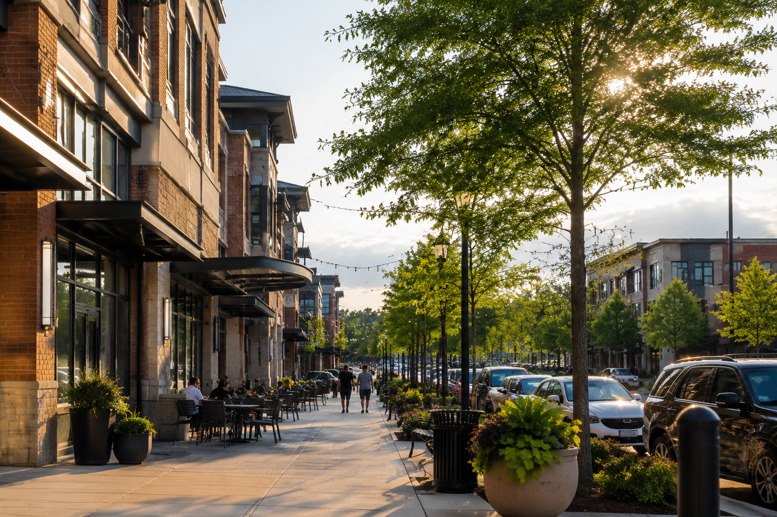 Walkable mixed-use streetscape in Morrisville, NC with shops, trees, and outdoor seating.