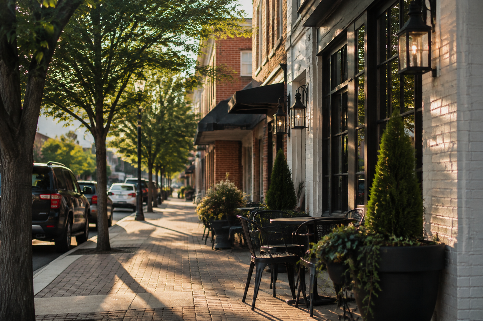 Tree-lined downtown streetscape in Wake Forest, NC with brick storefronts and outdoor seating