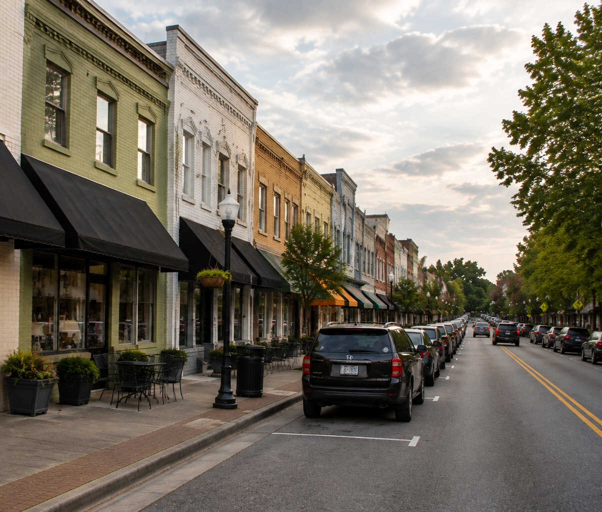 Historic downtown Apex, NC streetscape with colorful storefronts along Salem Street