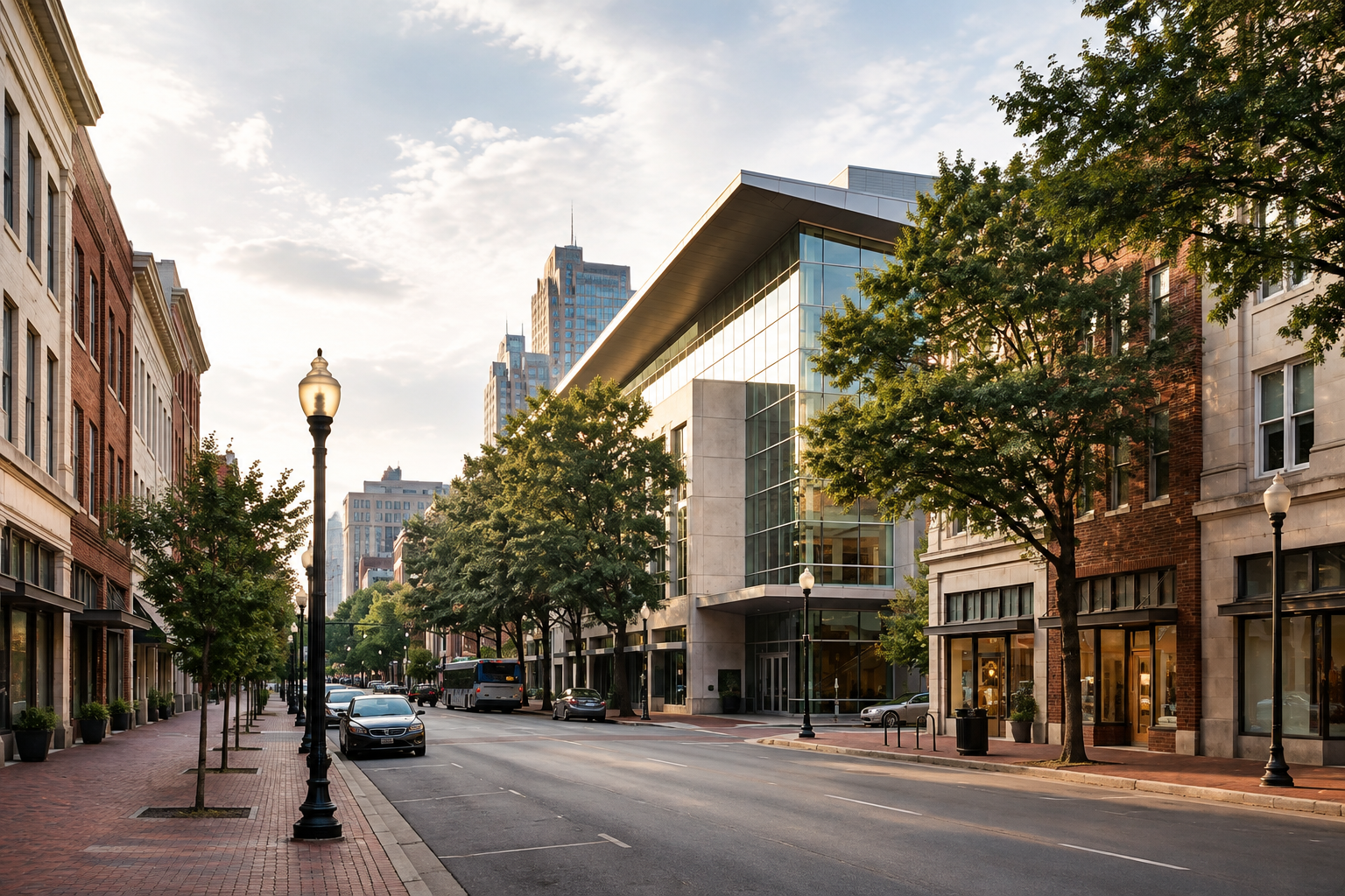 Tree-lined Raleigh streetscape with brick buildings in late-afternoon light