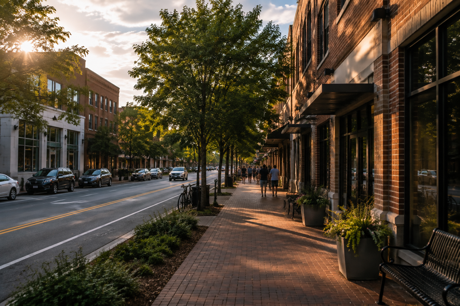 Tree-lined Chapel Hill streetscape with brick buildings in late-afternoon light