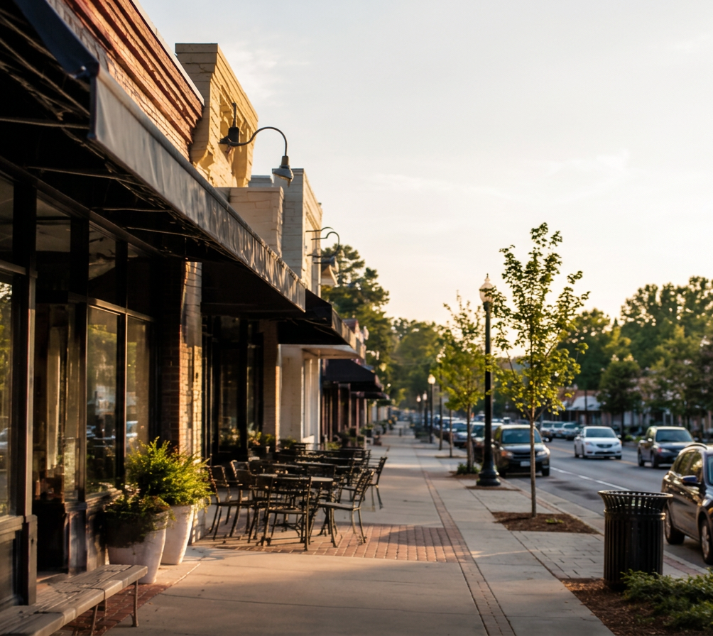Knightdale, NC streetscape with storefronts, outdoor seating, and tree-lined sidewalks
