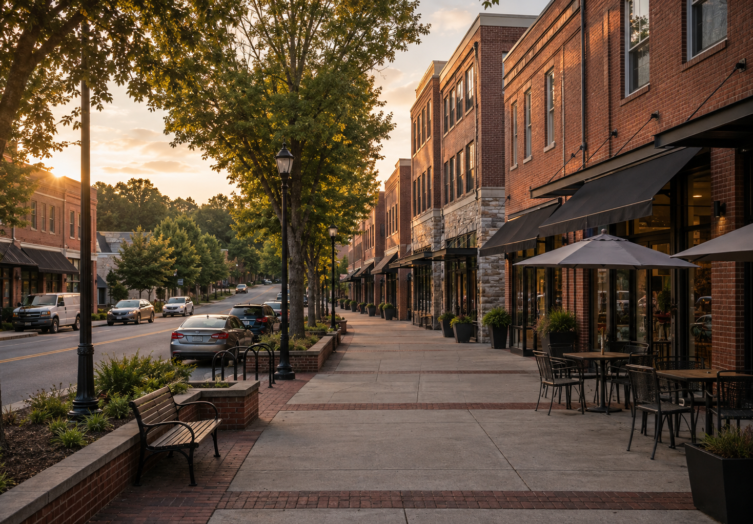 Downtown Holly Springs, NC streetscape with brick storefronts, tree-lined sidewalks, outdoor seating, and local businesses at golden hour.