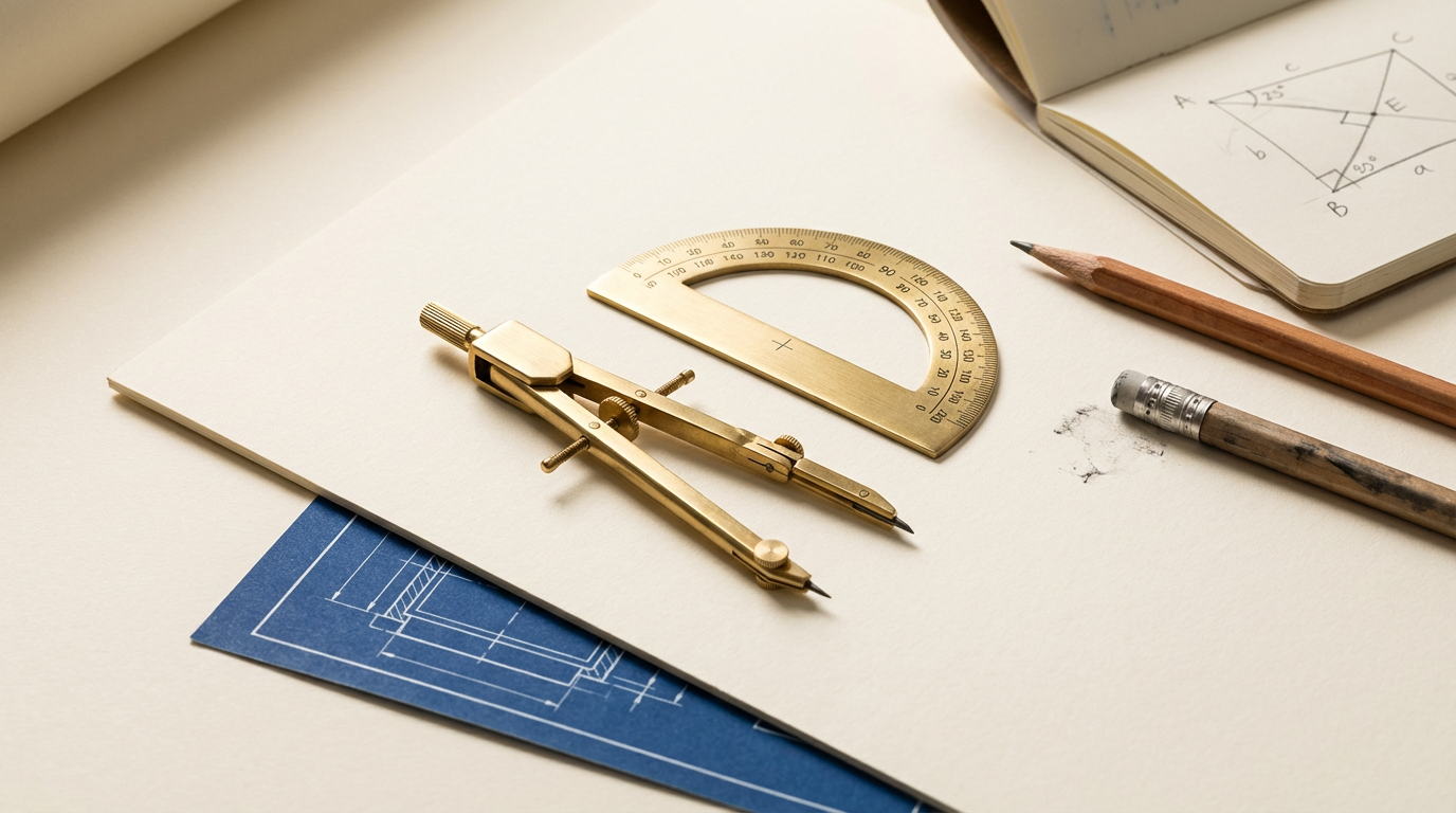 Architectural tools including a compass, protractor, pencil, and a sketchbook with geometric drawings on a workspace.