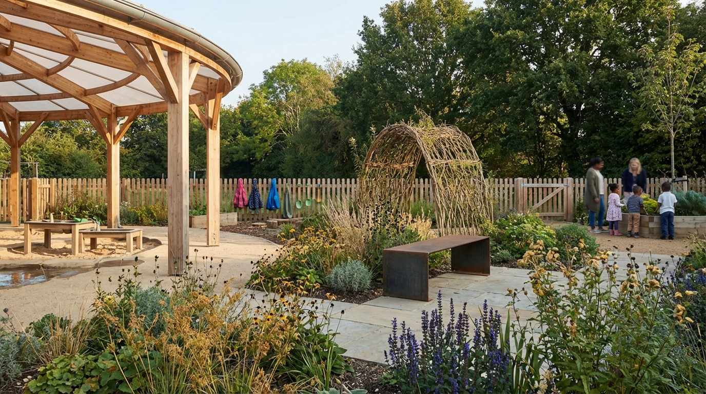 A community garden with a wooden gazebo, a pathway, a plant-covered arch, and several children and adults gathered around a raised garden bed surrounded by lush greenery and trees.