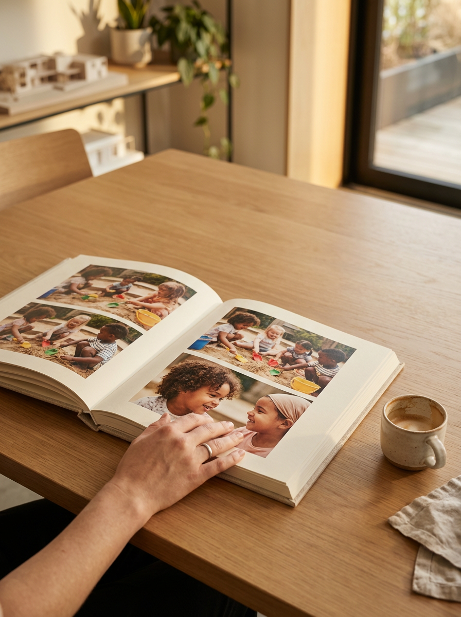 A person flipping through a photo album with pictures of children playing in a sandbox. There is a white mug with coffee and a cloth on the wooden table, near a sliding glass door letting in sunlight.