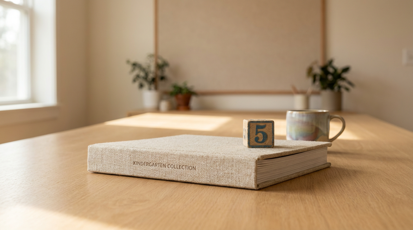 A hardcover book titled 'Kindergarten Collection' on a wooden table. On top of the book, there is a small wooden block with the number 5, and behind the book, there is a colorful ceramic mug. In the background, there are potted plants, a window, and a blank corkboard.