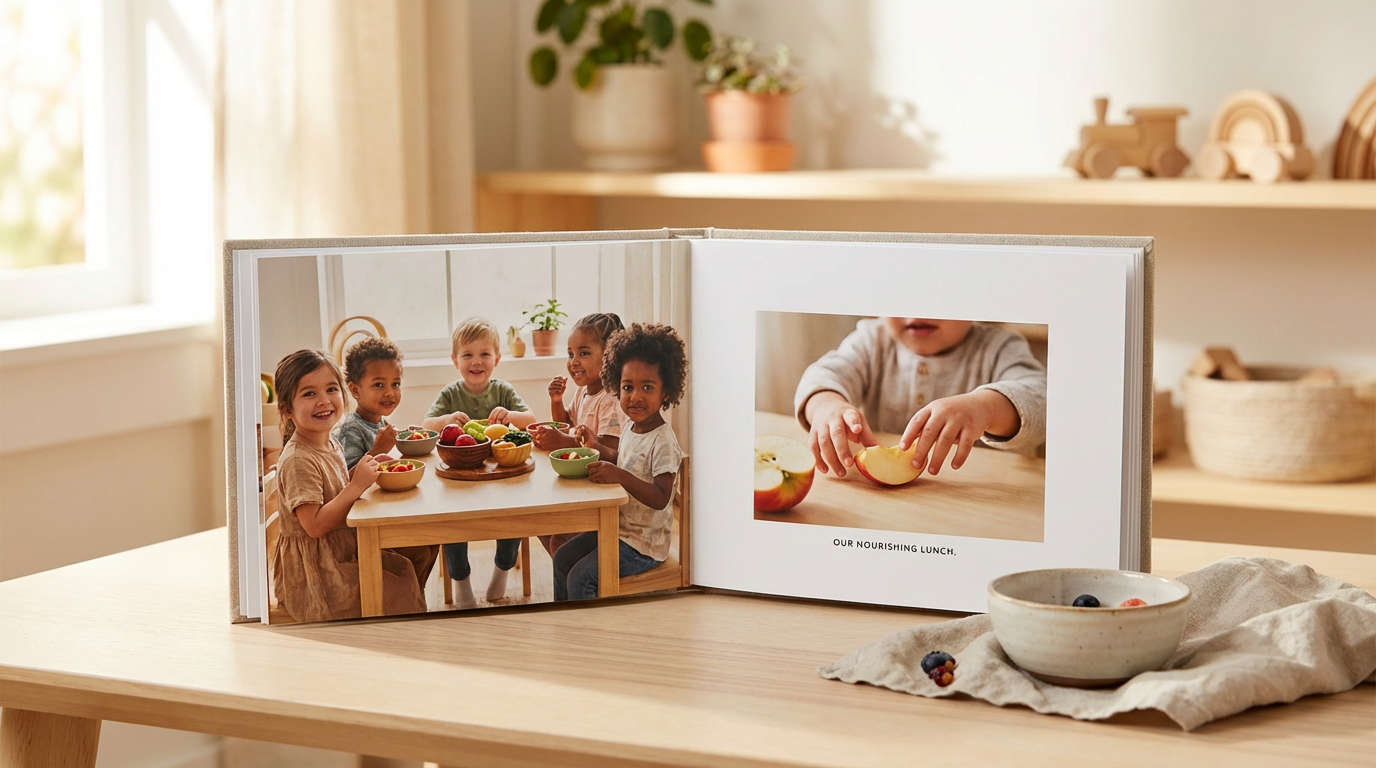 Open photo album on table showing a group of five children enjoying a meal together, and a close-up of a child preparing an apple for lunch. In the foreground, a bowl of blueberries and berries on a cloth are visible.