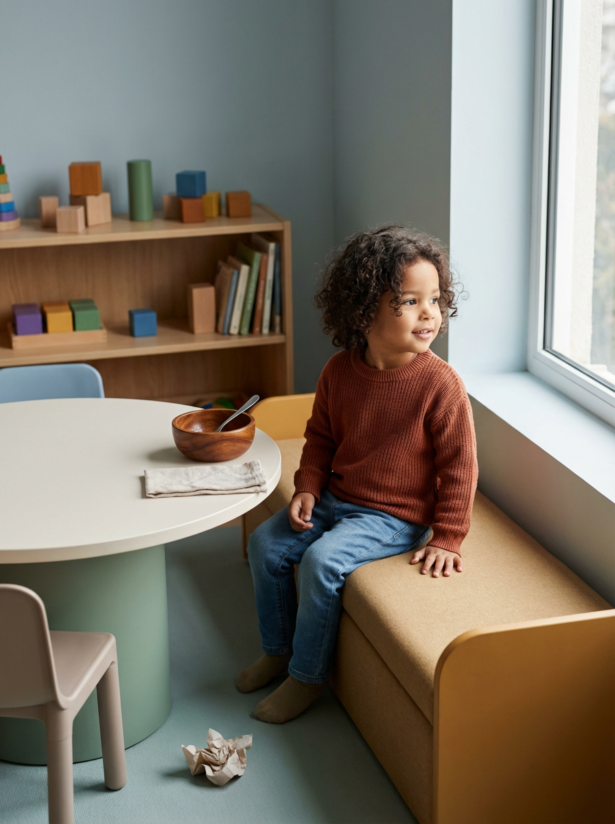 A young girl with curly hair wearing a brown sweater and jeans sitting on a cushioned bench by a large window in a colorful playroom or classroom. There is a small round table with a wooden bowl and a spoon, and a shelf with books and wooden toys in the background.