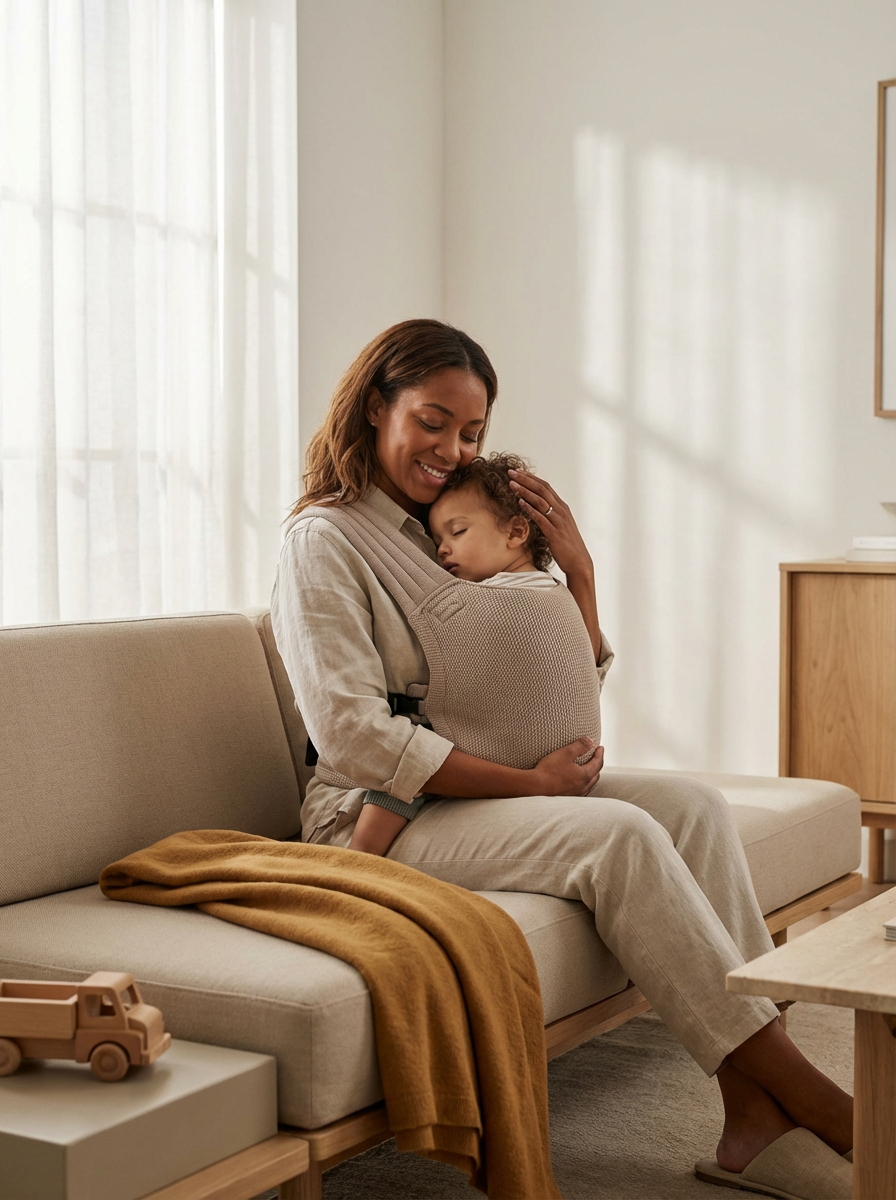 A woman smiling and hugging a young child who is resting in a baby carrier on her chest, sitting on a beige sofa in a well-lit room with sheer curtains.